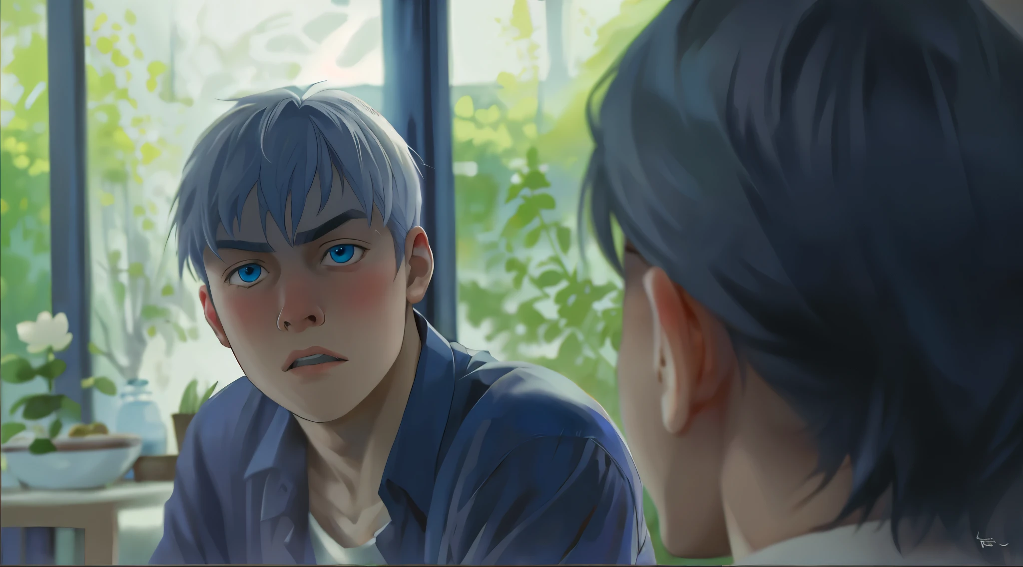 There is a 15-year-old man, silver hair, blue eyes, he is asking something, he is a little surprised.