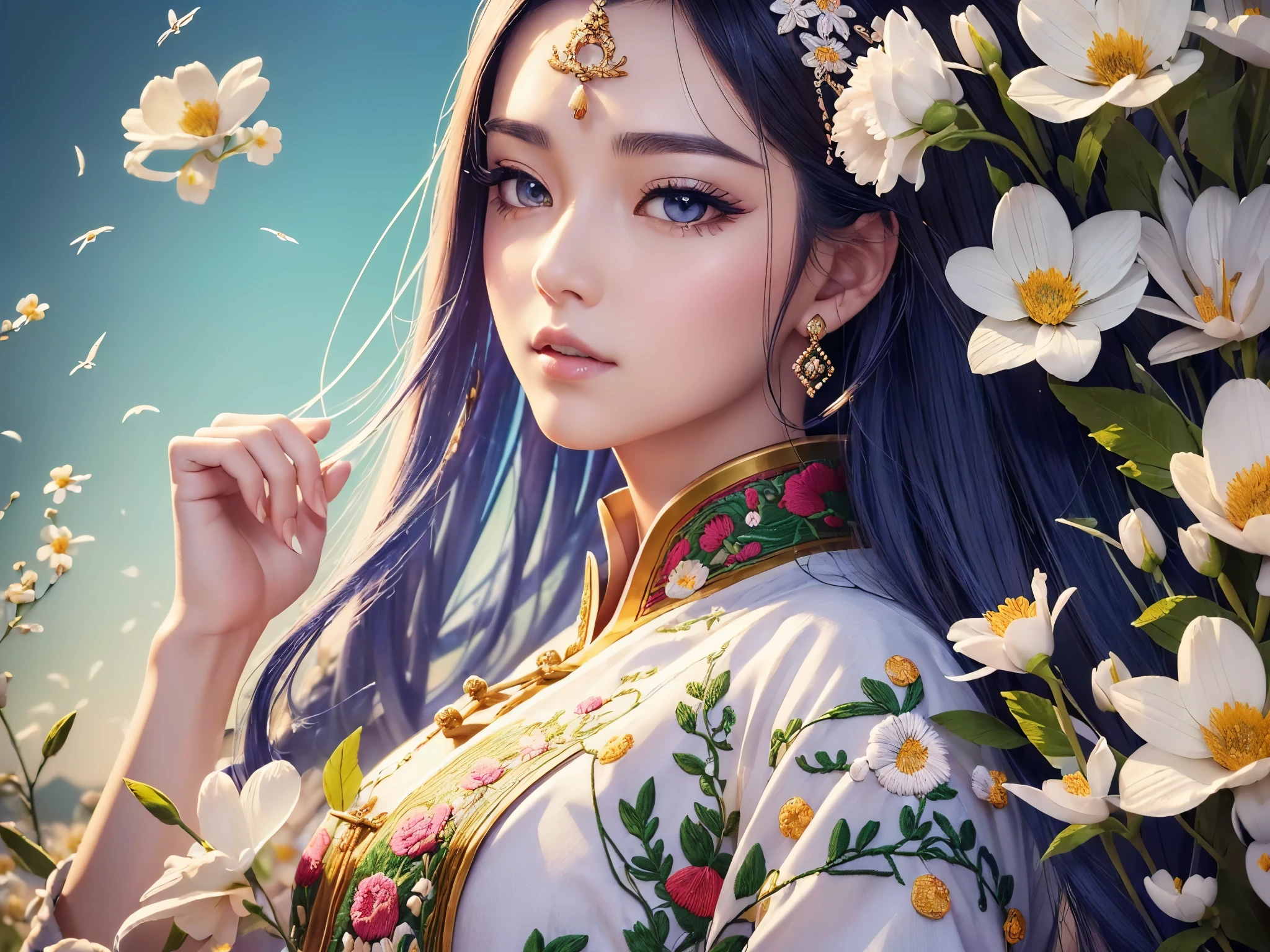 ((highest quality)),(ultra high resolution),(Super detailed),(detailed description),((best CG)),(best work of art),super precision art,great drawing art,(Art with precise details:1.5), (1 woman:1.8),(beautiful and well-shaped face:1.5),Eyes that hide sadness:1.5,light makeup:1.6,(Detailed and detailed depiction々Chinese dress embroidered with flowers:1.6,deep slit:1.5),(beautiful:1.6),(Precise and detailed hair ornaments:1.4),look up at the sky:1.8,birds flying in the sky:1.6