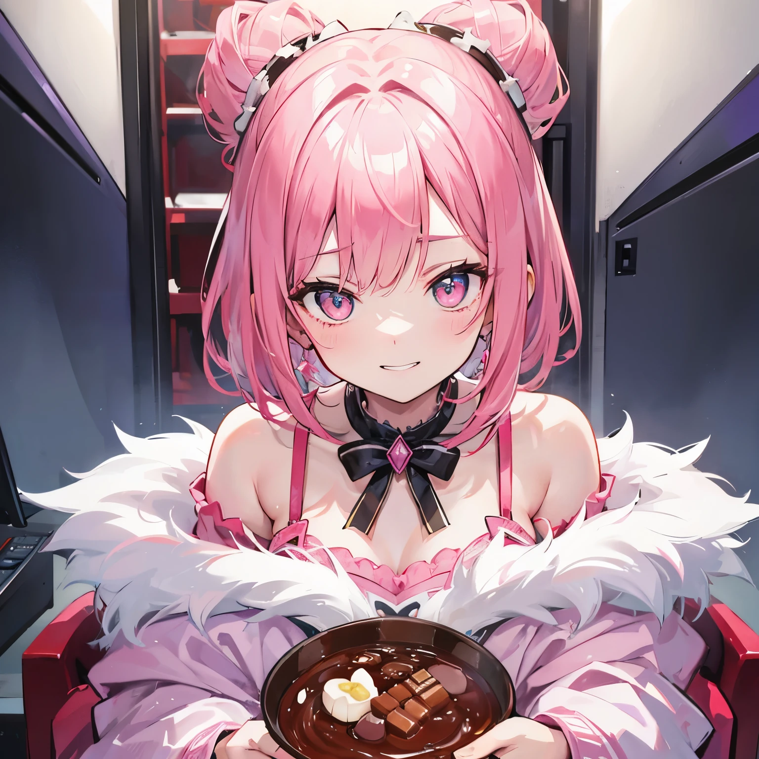 extreme close up face, Short off-shoulder hair in pink and white,Dignified and wonderful Girl, in a game center, grin, have chocolate