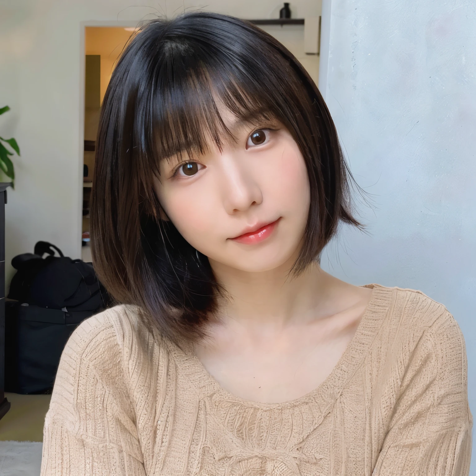 Japanese girl, black hair, natural make up, simple fashion, cute girl, selfie