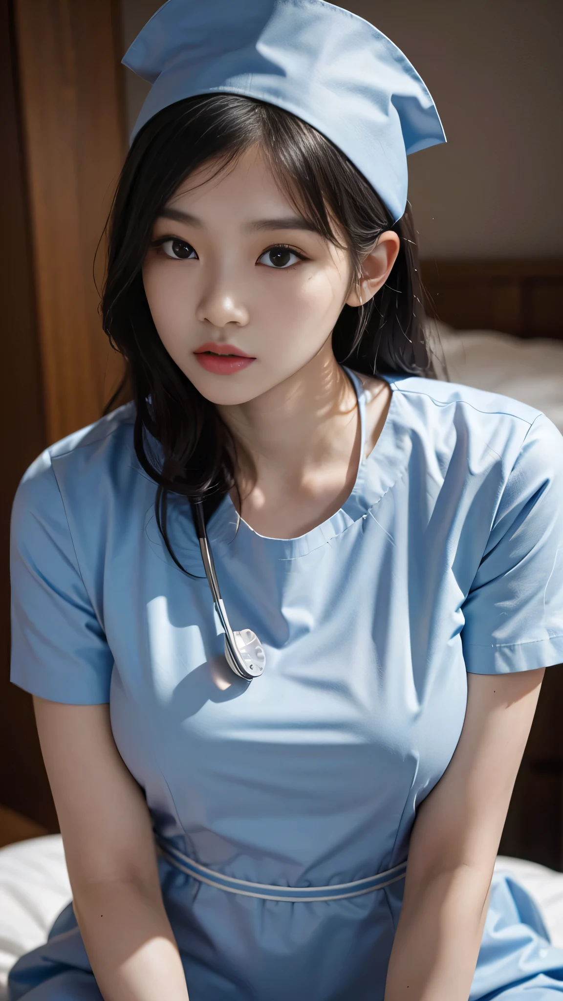 absurdres, RAW photo, extremely delicate and beautiful, masterpiece, Best Quality, ultra high resolution, 32k, hyperrealistic, ultra-detailed, perfect figure, in her 20s, very small head, very small face, delicate facial features, tearful mole, earring, ((very huge breasts)), ((full body shot)), medium hair, black hair, hospital, Down blouse, Female nurse, Super tight uniform, Name tag on chest, Stethoscope from the neck,
