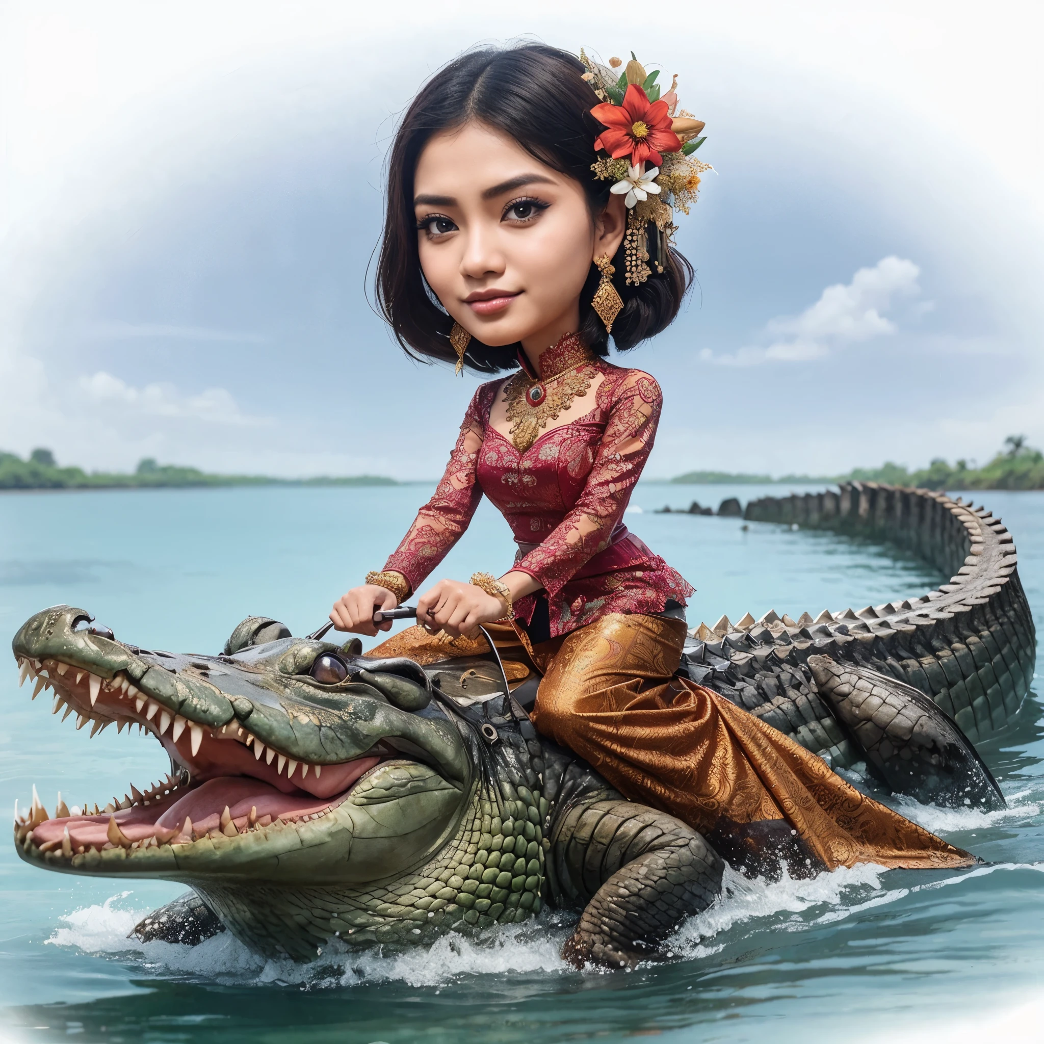 karikatur realistis perempuan muda indonesia sedang menaikin buaya, dengan berpakaian kebaya jawa