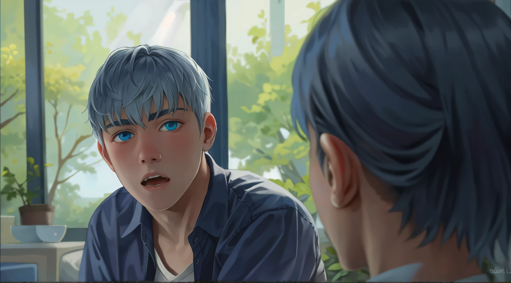 There is a 15-year-old man, silver hair, blue eyes, he is asking something, he is a little surprised.
