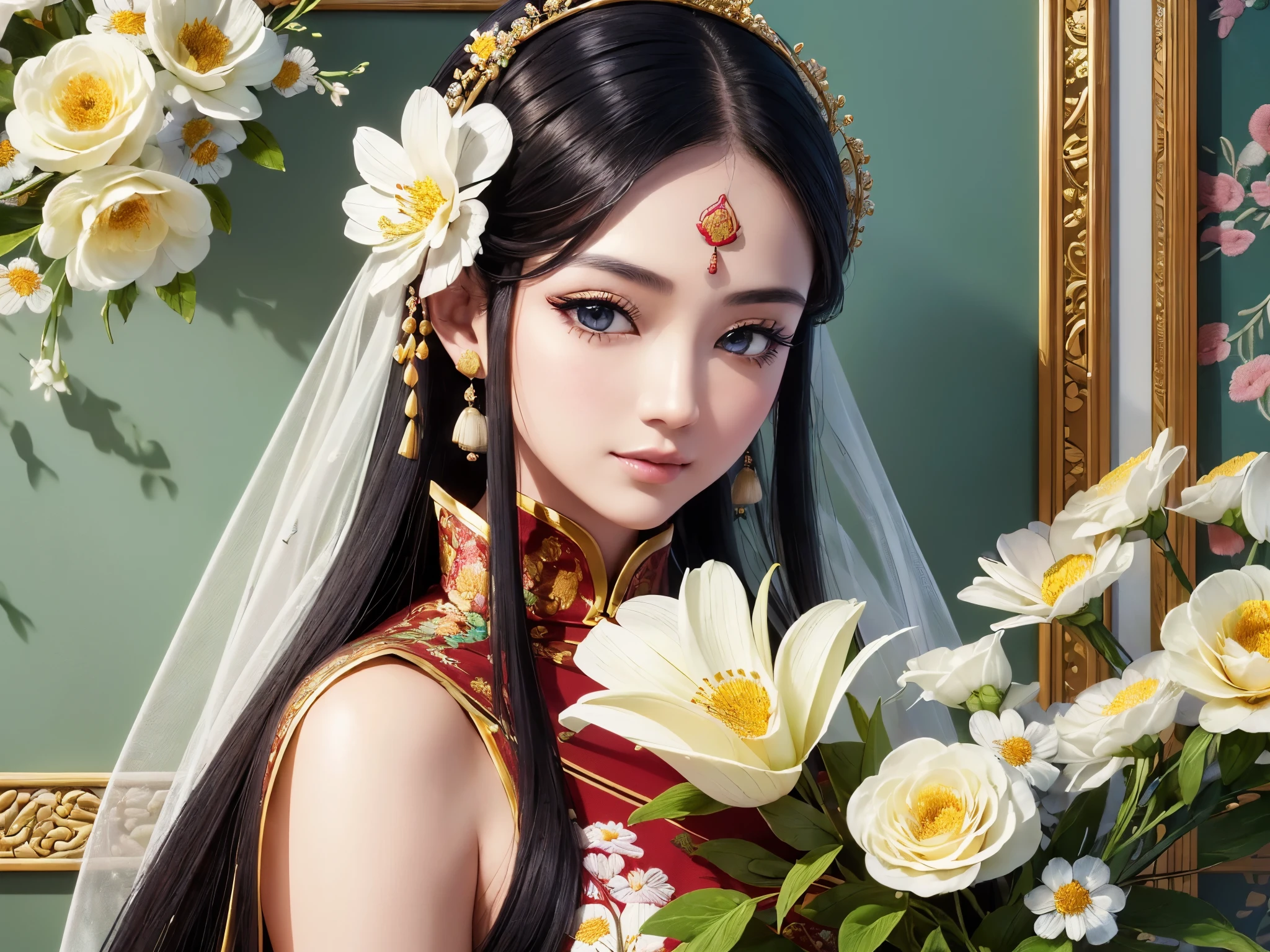 ((highest quality)),(ultra high resolution),(Super detailed),(detailed description),((best CG)),(best work of art),super precision art,great drawing art,(Art with precise details:1.5), (1 woman:1.8),(beautiful and well-shaped face:1.5),Eyes that hide sadness:1.5,light makeup:1.6,(Detailed and detailed depiction々Chinese dress embroidered with flowers:1.6,deep slit:1.5),(beautiful:1.6),(Precise and detailed hair ornaments:1.4),look up at the sky:1.5