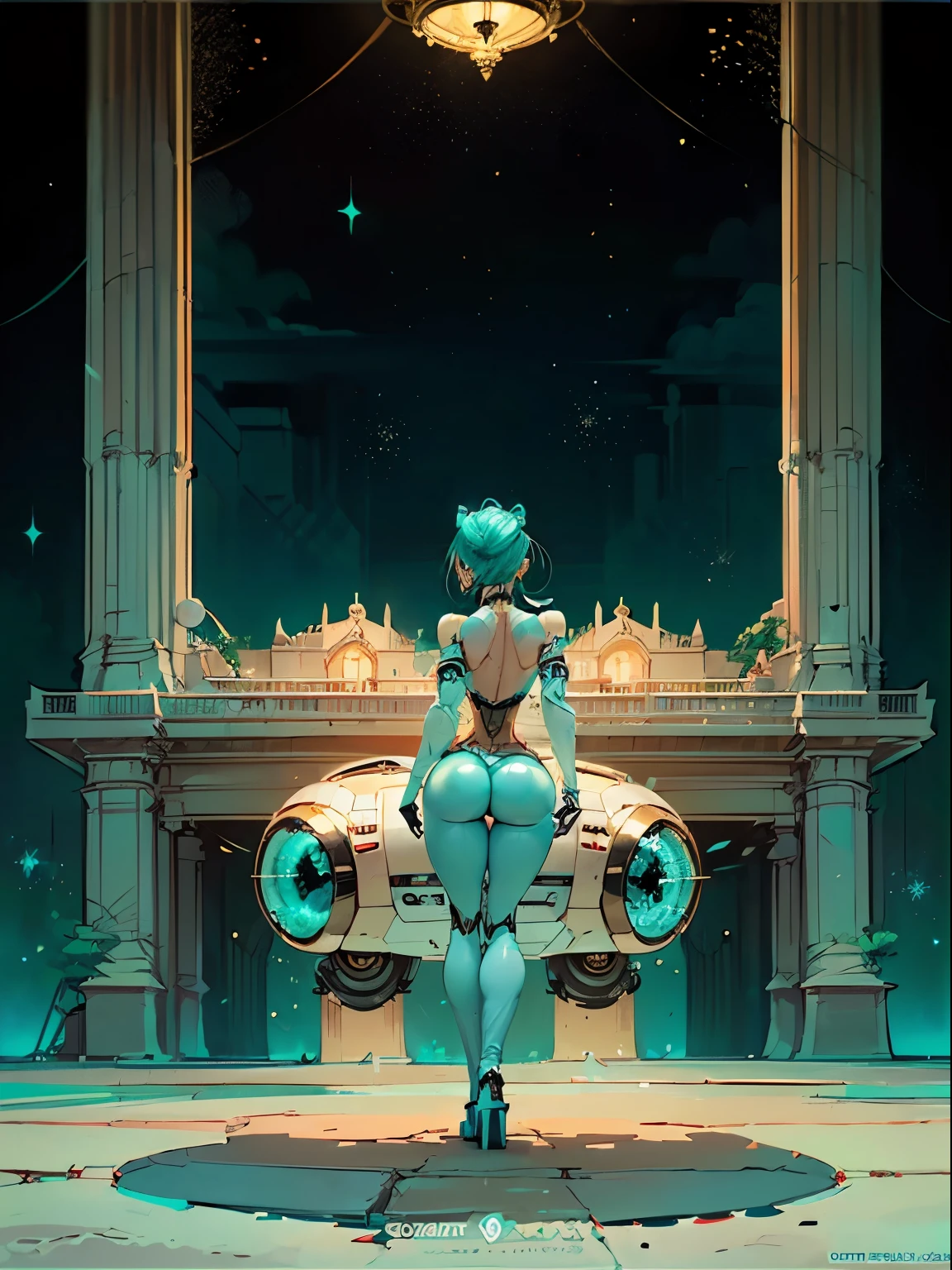 ((front view:1.3)), turning head looking to viewer, ((light aqua hair:1.4)), There is a woman in a robot suit ((posing next to an futuristic Roman building)), ((long side burns)), ((long hair bangs)), Beautiful white girl half cyborg, ((gray ass:1.3)), Cute cyborg girl, Beautiful girl cyborg, (aletta ocean face), (puffy lips), Perfect Robot Girl, Cyborg girl, (ass air bags), intricate details on ass, Young cyborg lady, Beautiful Female Robot, ((robotic abs:1.4)), intricate holes on ass, Beautiful robot woman, cyborg girl, perfect cyborg female, ((porcelain cyborg)), Female robot, Beautiful cyborg images, (cinematic lighting), ((Back view:1.4)),looking straight to viewer, ((light Aqua hair:1.4)), sexy aesthetic, There is a woman in a robot suit ((posing inside futuristic Roman building)), ((rose from titanic)), ((off white aesthetic:1.5)), ((Beautiful white girl half cyborg)), (gigantic breasts:1.7), Cute cyborg woman, (ass air bags),, ((official art)),(((Masterpiece))),(Best Quality), (Super Detail),((Very Delicate and Beautiful)),cinematic lighting,1 girl,((full body portrait)),((standing confident)),((solo)), an hourglass waist,padded and corseted bodice,(((bokeh light))),long train,((gorgeous embroidery and jeweled)),voluminous frills,See-through,(gorgeous embroidery and beautiful lace),(((extremely gigantic tits,skindentation))),cleavage,((short hair,extremely voluminous twin Hair buns,((aqua Hair)),(finely detailed face and eyes),clear pupil,extremely gorgeous, full hair ornament,((opera gloves)),(beautiful background),((full body))