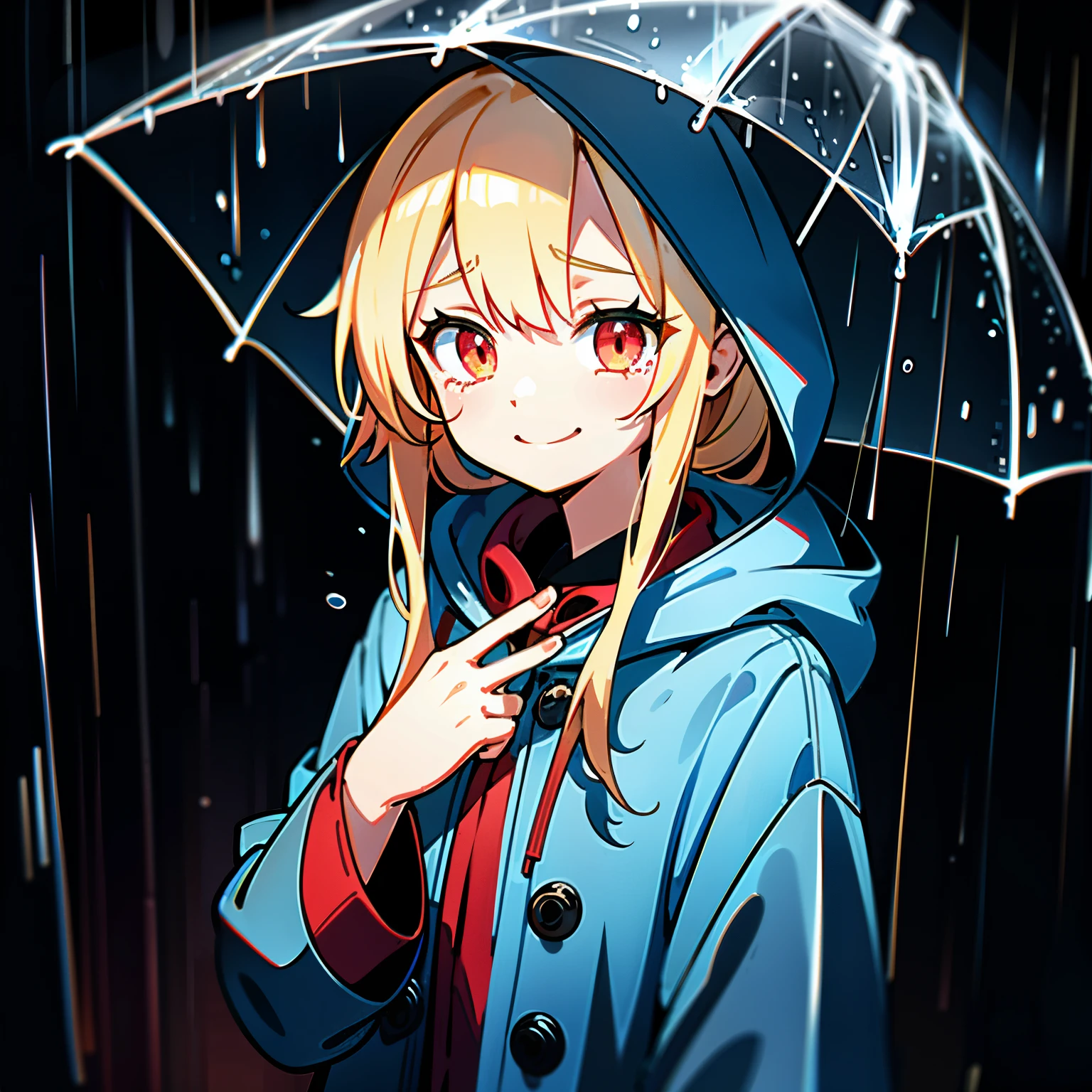 girl, blonde hair, red eyes, rain, look down, smile, tears, blue raincoat, hood up,