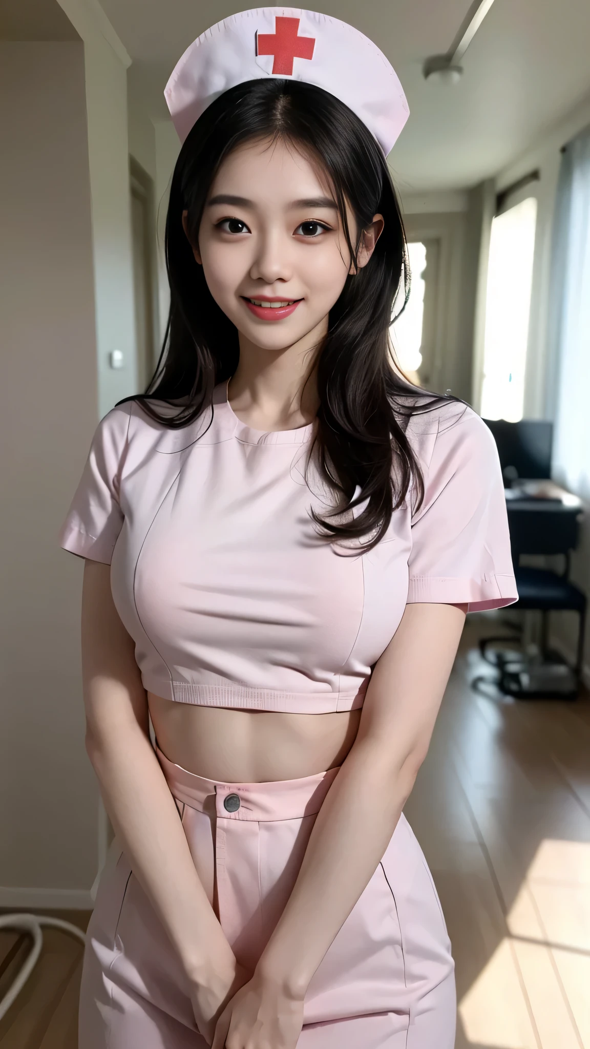 Bright smile, open mouth, loud laugh,Asian girl, kpop idol, ((nurse)), ((top quality, 8k, masterpiece: 1.3)), crisp focus: 1.2, beautiful woman with perfect figure: 1.4, highly detailed face and skin texture, detailed eyes, ((skinny)), beautiful face, symmetrical face, full-length, sexy, big breasts thin waist、big hip