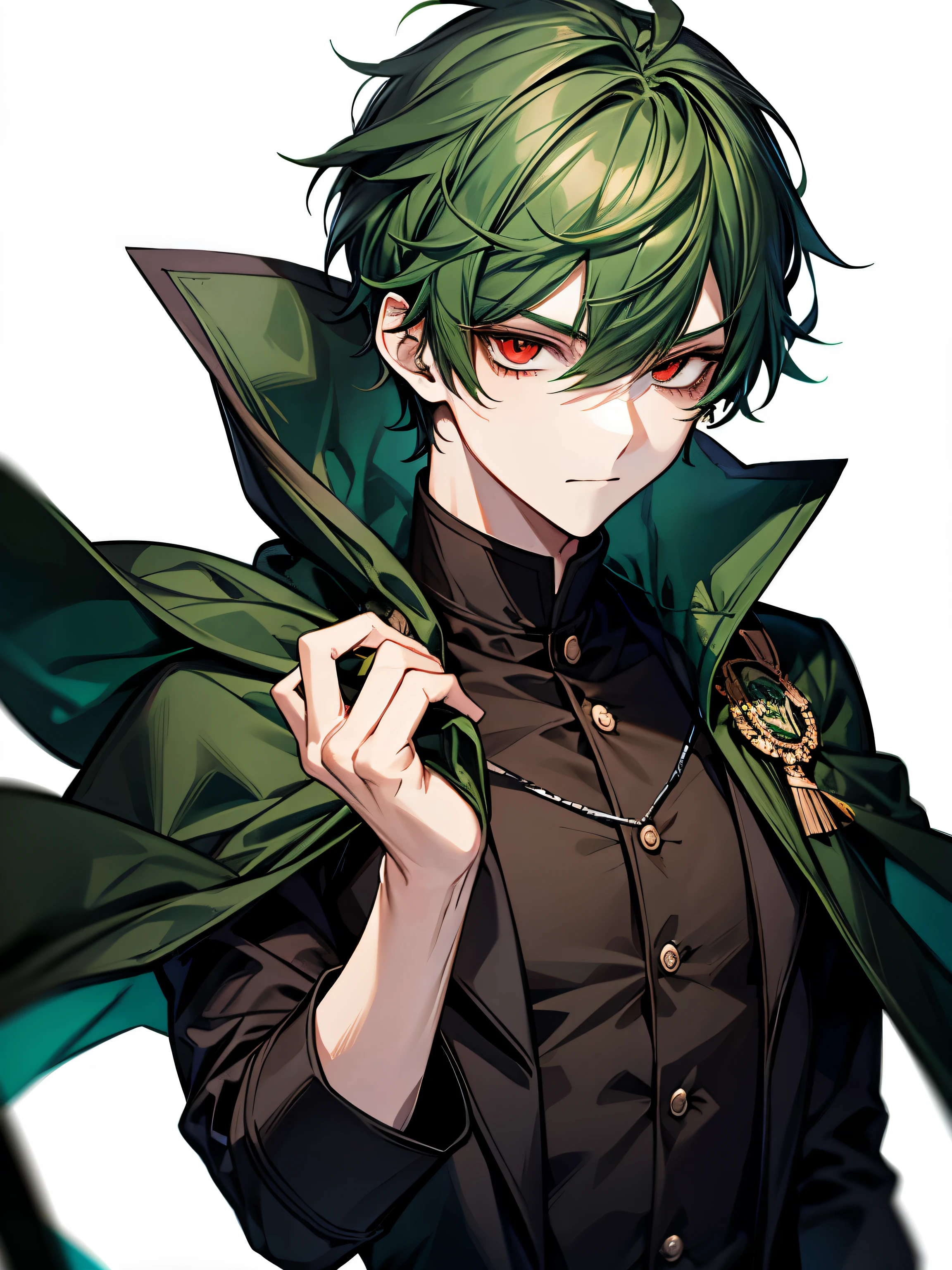 green hair, red eyes, mysterious, black academy uniform, cool, male, white background, short hair, closeup, green cloak