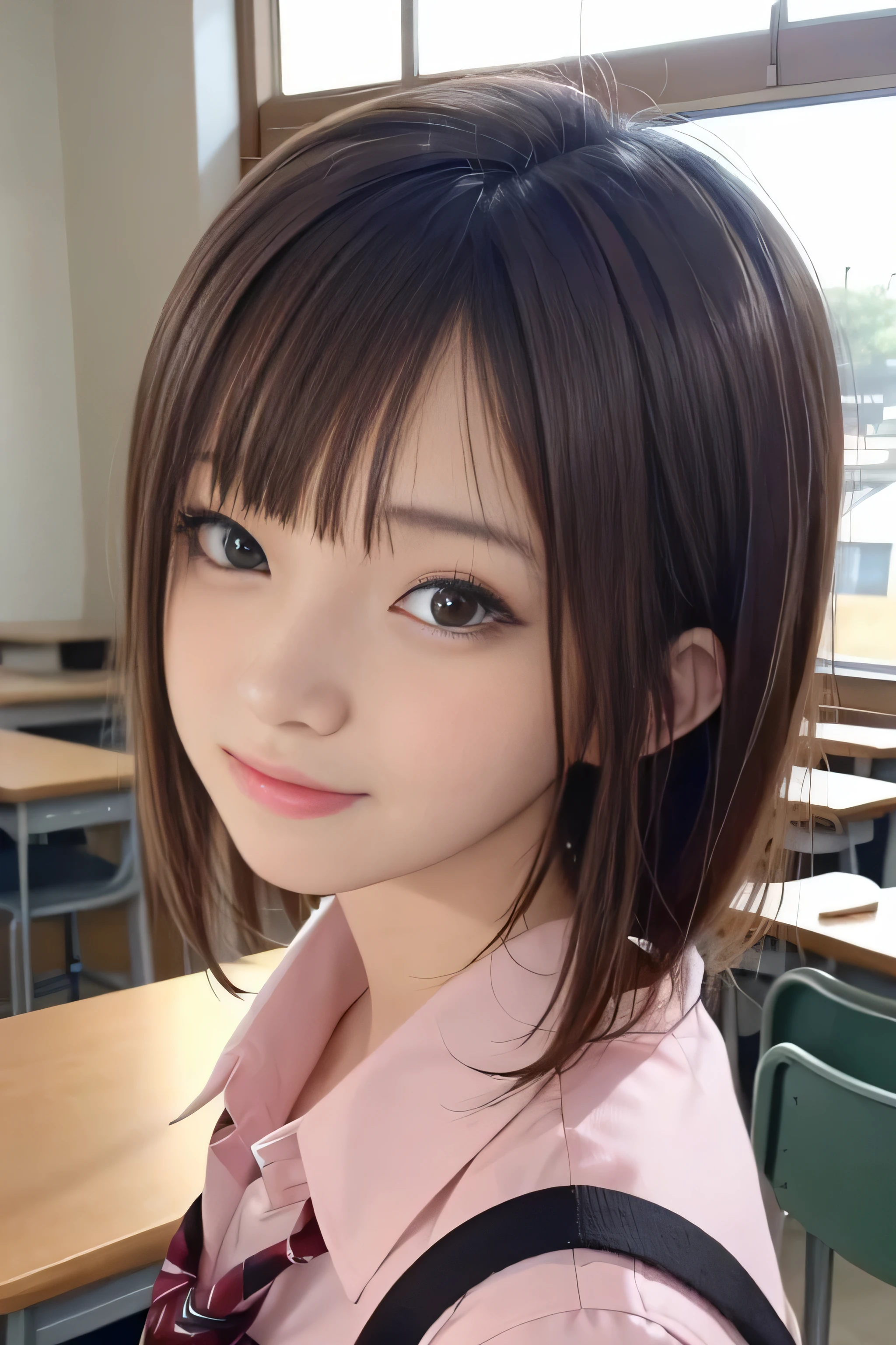15 year old student、brown hair、Beautiful moisturized eyes、skin that looks real、high school girl、、(8K、masterpiece)、(realistic、Photoreal)、short cut hair、highest quality、very detailed、Super detailed、Beautiful woman、cute、Japanese、laughter、close-up portrait、Healthy face、school uniform、plaid skirt