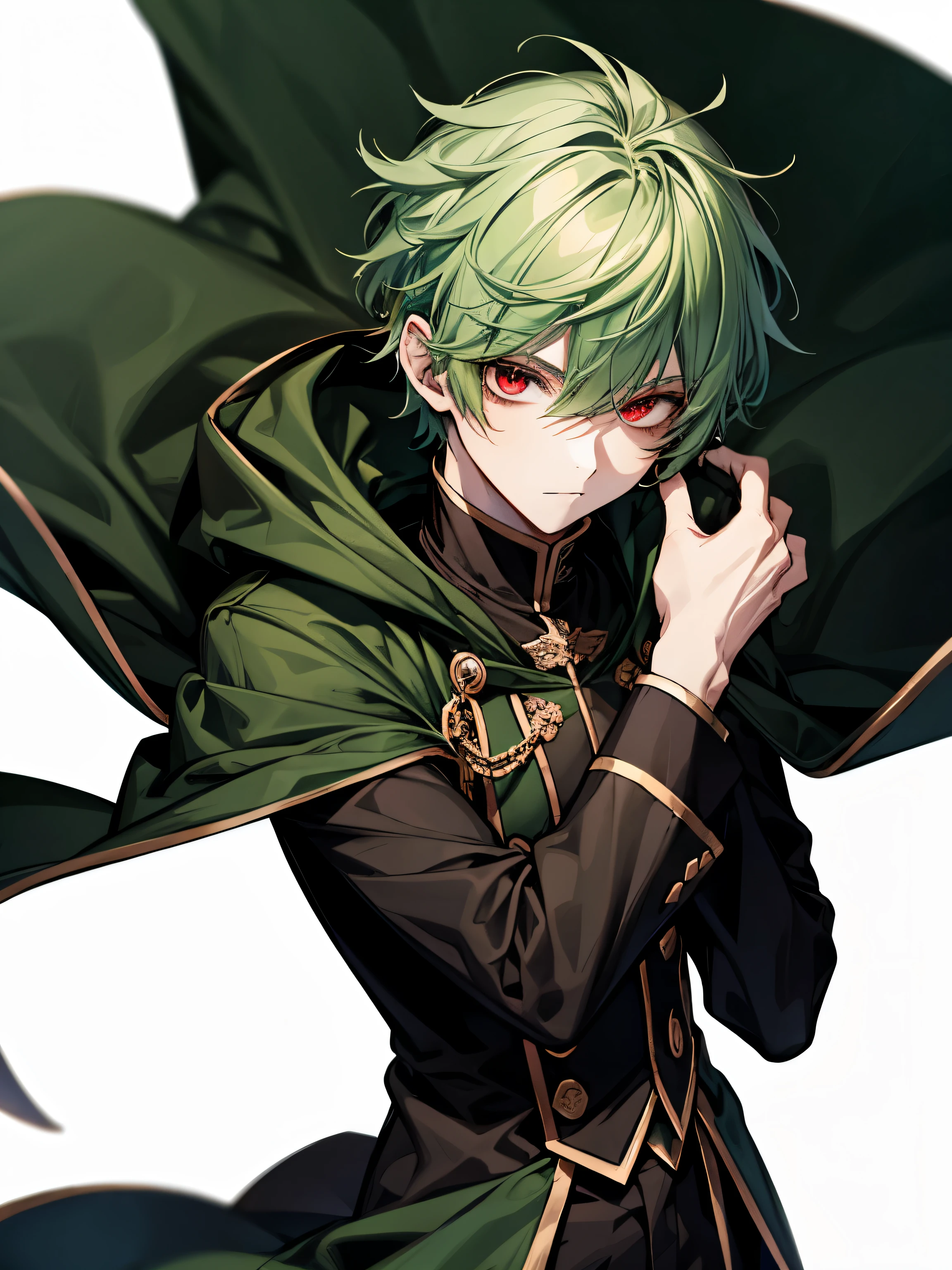 green hair, red eyes, mysterious, black academy uniform, cool, male, white background, short hair, closeup, green cloak