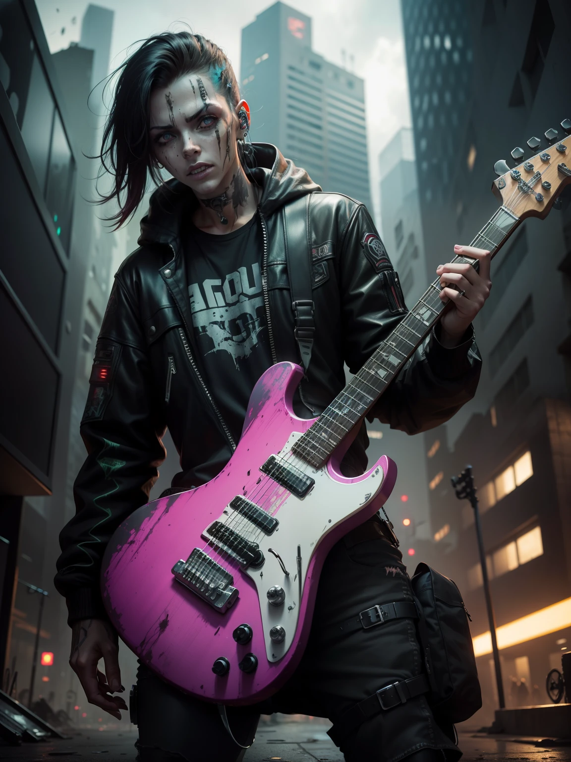 una guitarra de estilo cyberpunk tocada por un zombie en una ciudad destruida