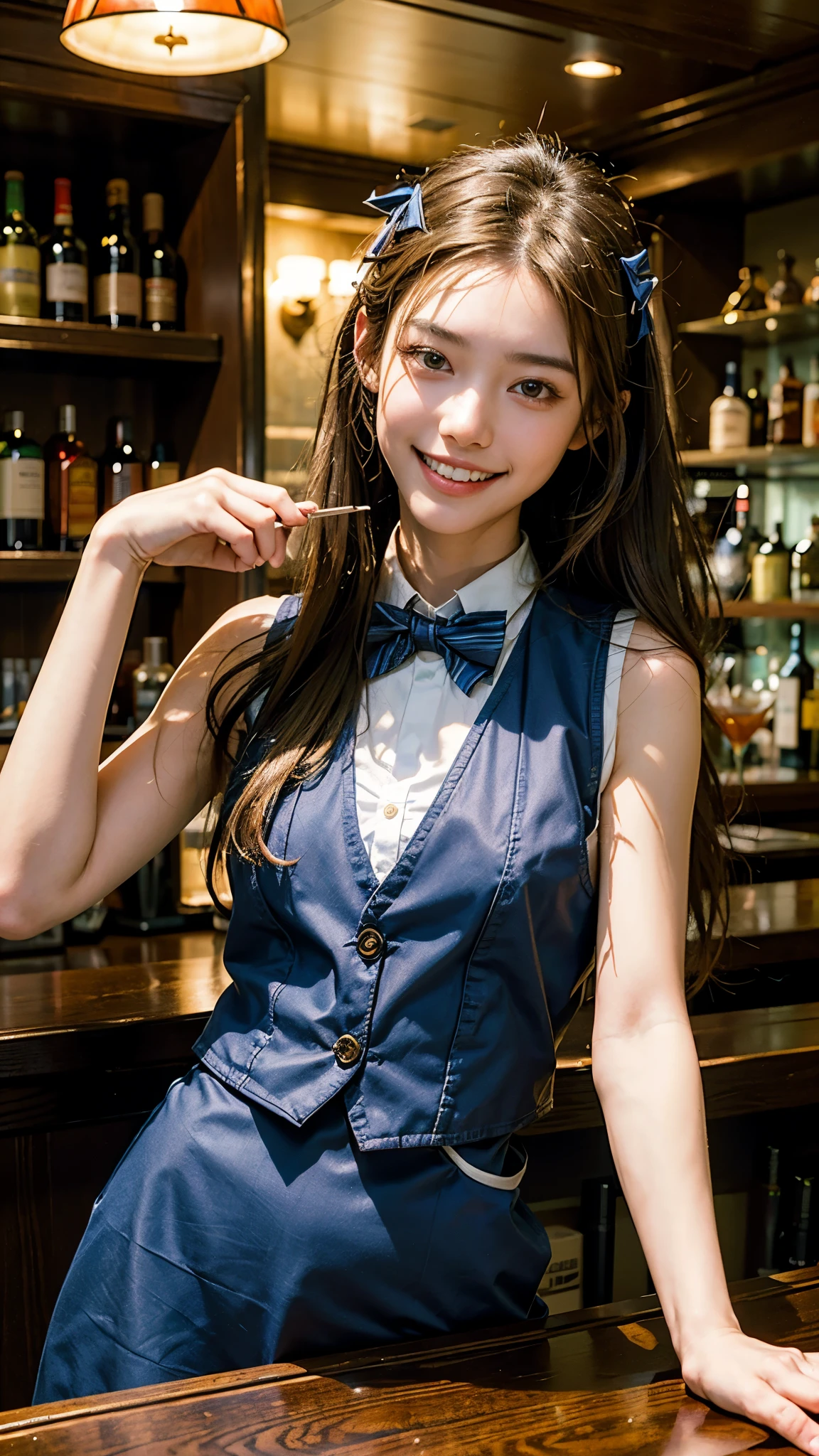 highest quality, masterpiece, ultra high resolution, (realistic:1.3), (Over the bar counterの肖像画) RAW photo, 1 girl, 22 years old,slim body,((Bartender vest with bow tie)),((Over the bar counter)),((Bar Lounge)),((Bartender costumes)),(long hair),masterpiece, realistic pictures,((Medium chest)),((toothy smile)),brown hair