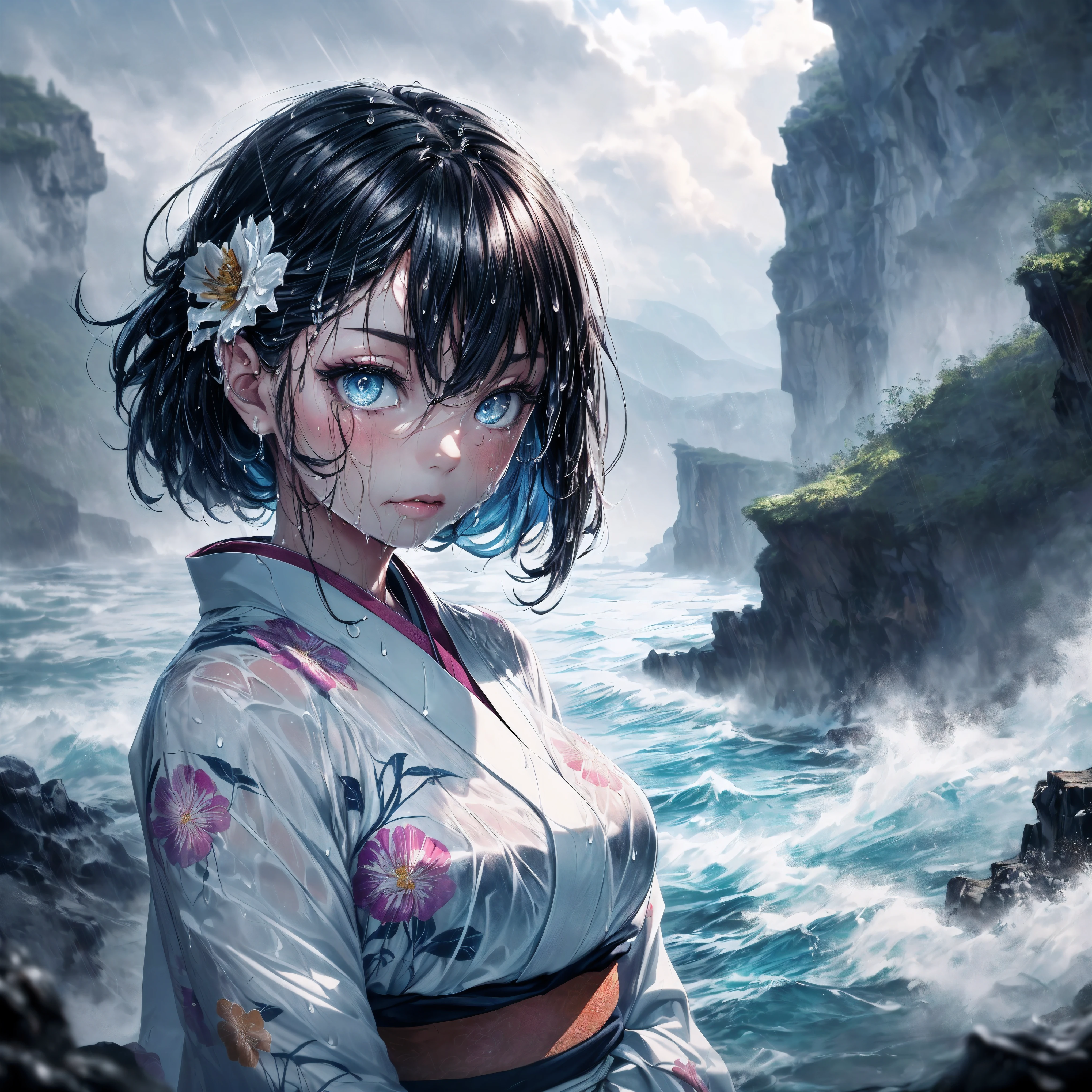 (A 7 year old girl:1.2), (Very young little girl), (alone), ((small breasts)), bitter smile, original photo, Atmospheric distance perception, aesthetic, complex, won, cybernetic enhancement, chiaroscuro, best quality, Detailed background, (hazy atmosphere:1.2), (cloudy day),((Girl in white 棉质kimono:1.2)), 棉质kimono, 棉质kimono, The best wrinkles, real wrinkles, best shade, strong wind, (walk through (薄雾黑暗岩石cliff)), ((It's raining, downpour, raindrop)), (real location), Exquisite and beautiful eyes, casual gesture, Detailed texture, pose, (anatomically correct body, Detailed face, (非常Detailed texturekimono与花卉图案), (wet, wet face, Mucus wrap, ((very wet) 纹理kimono), (wet hair), (black hair), thick hair, hair accessories, kimono, Heart, outdoor, 色彩缤纷的kimono, sash, ((cliff), the sea below cliff, (rough sea, spray), Beautiful and detailed sea water),Sky, wide sleeves, yukata, ((cloudy, rainstorm))
