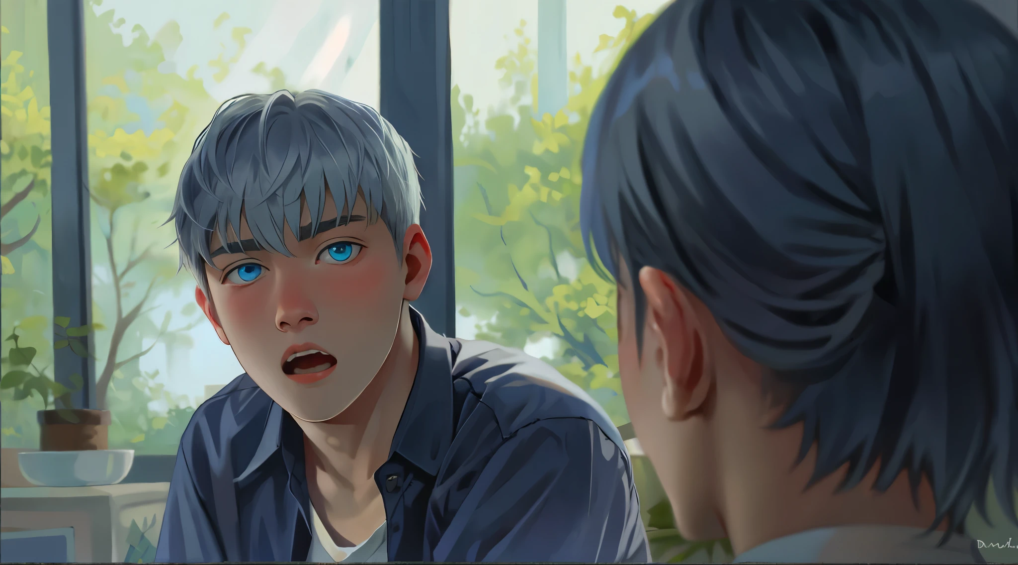 There is a 15-year-old man, silver hair, blue eyes, he is asking something, he is a little surprised.