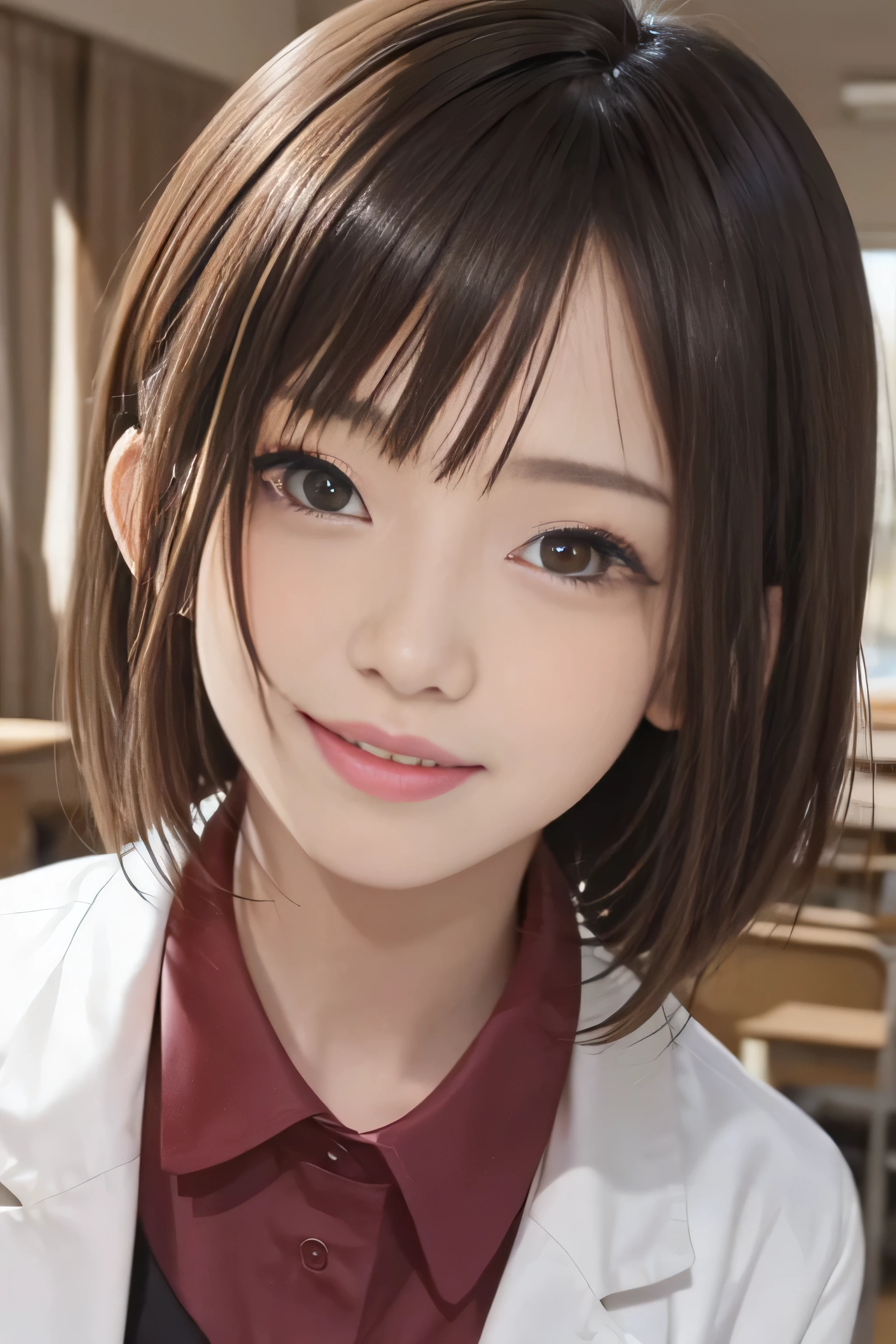 15 year old student、brown hair、Beautiful moisturized eyes、skin that looks real、high school girl、、(8K、masterpiece)、(realistic、Photoreal)、short cut hair、highest quality、very detailed、Super detailed、Beautiful woman、cute、Japanese、laughter、close-up portrait、Healthy face、school uniform、plaid skirt