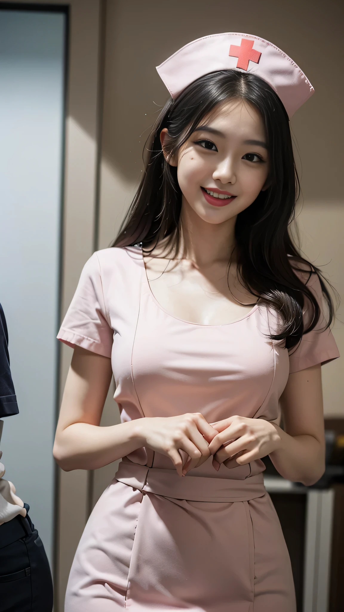 Bright smile, open mouth, loud laugh,Asian girl, kpop idol, ((nurse)), ((top quality, 8k, masterpiece: 1.3)), crisp focus: 1.2, beautiful woman with perfect figure: 1.4, highly detailed face and skin texture, detailed eyes, Look back:1.3, ((skinny)), beautiful face, symmetrical face, full-length, sexy, big breasts thin waist、big hip