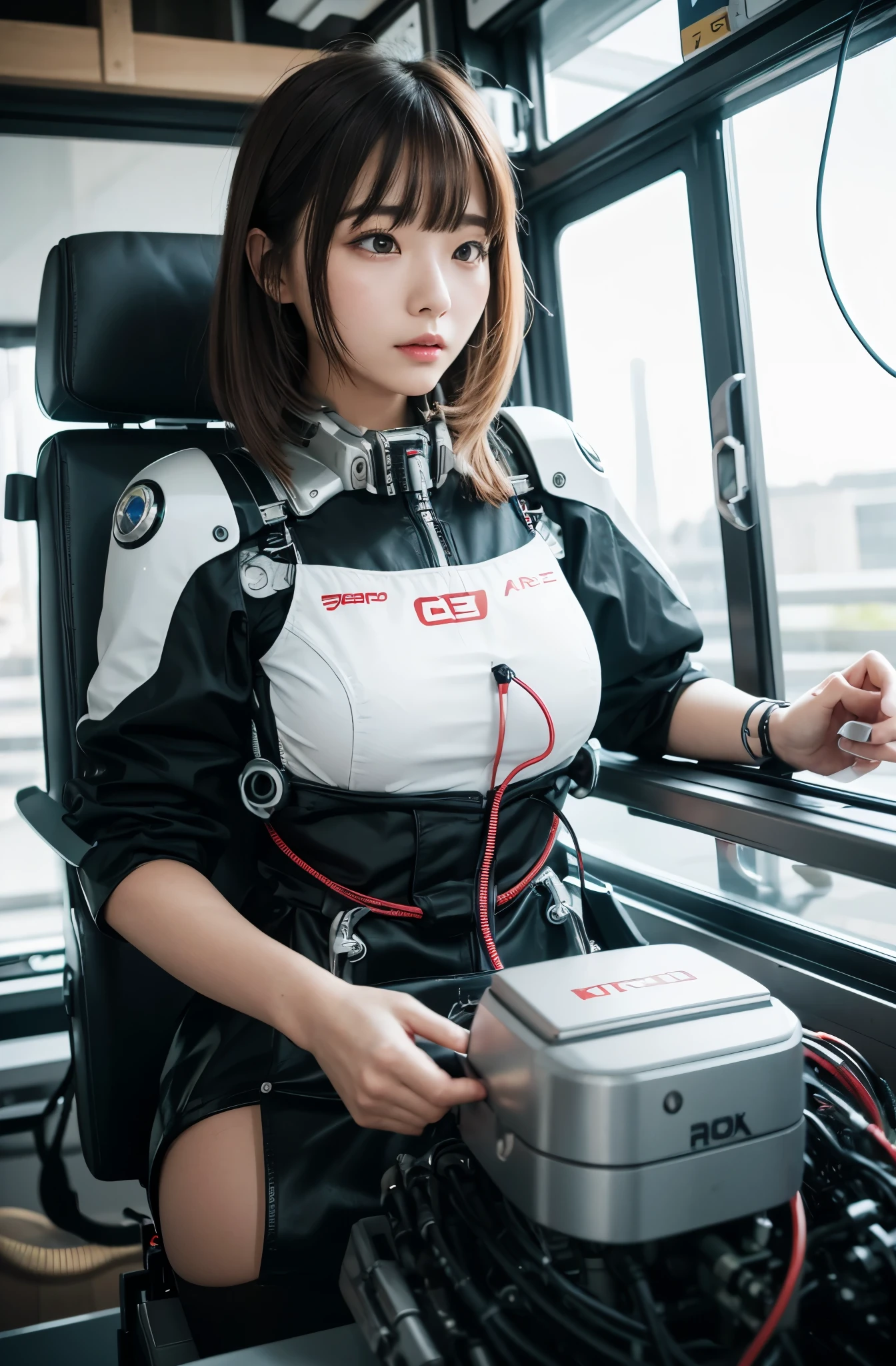 masterpiece, best quality, extremely detailed, Japaese android girl,Plump , control panels,android,Droid,Mechanical Hand, Robot arms and legs,Blunt bangs,perfect robot girl,long tube,thick cable connected her neck,android,robot,humanoid,cyborg,japanese cyborg girl ,future laboratory,robot laboratory,maintenance,connecting a cable between the legs,skirt, She is charging now,
