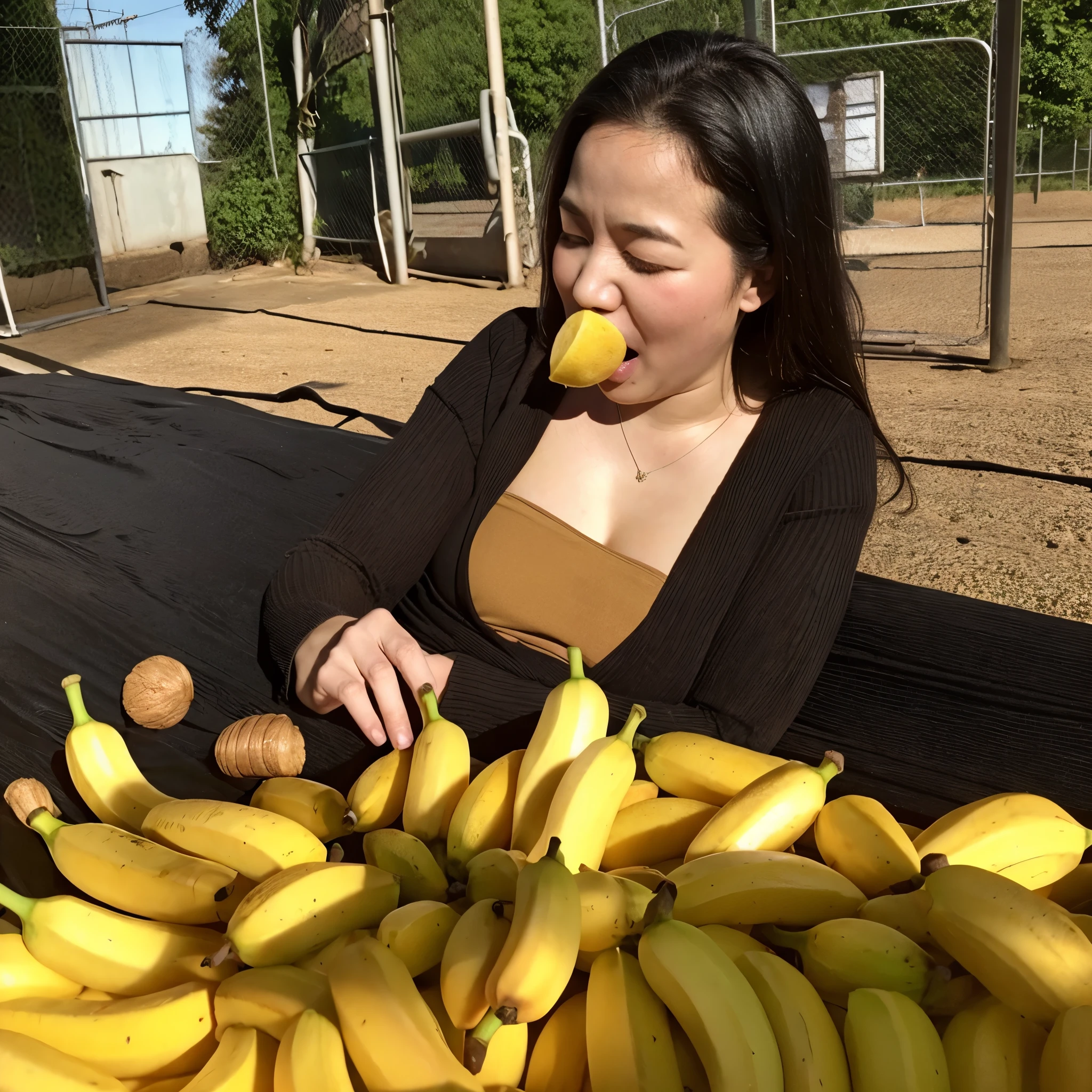 Sexy asian woman, big breasts, cheetah print bikini, holding banana with her mouth