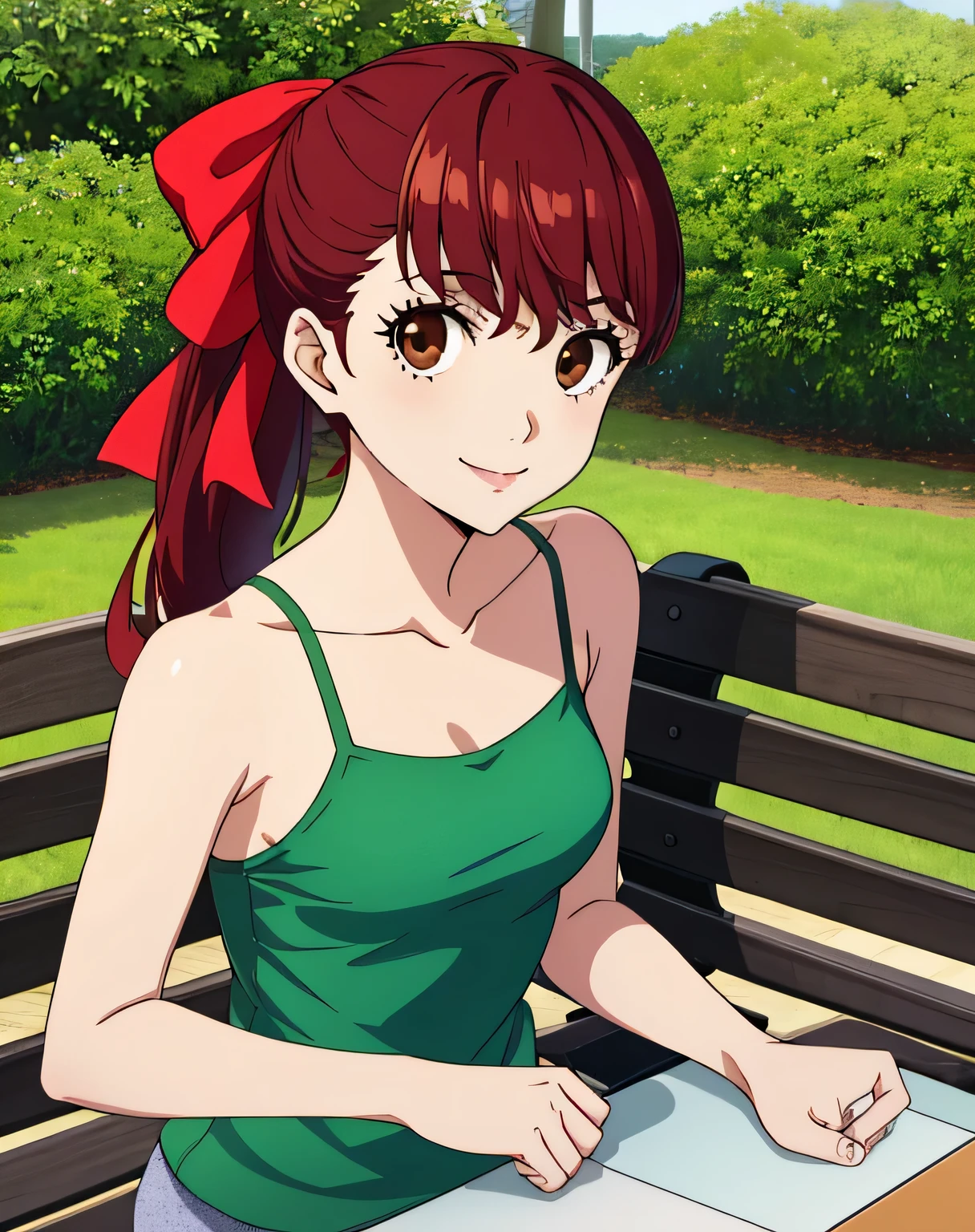 1girl, solo, upper body, facing viewer, (looking at viewer:1.5), smile, camisole, yellow camisole, park, bench, day, DSKASUMI, red hair, long hair, ponytail, brown eyes, hair bow