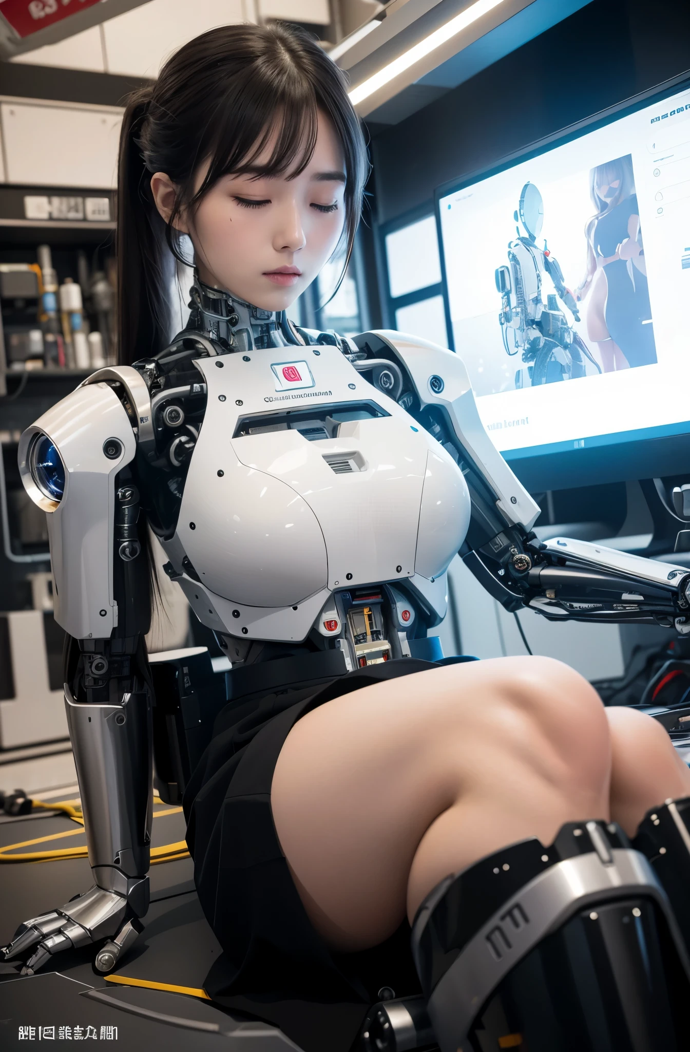 masterpiece, best quality, extremely detailed, Japaese android girl,Plump , control panels,android,Droid,Mechanical Hand, Robot arms and legs,Blunt bangs,perfect robot girl,long tube,thick cable connected her neck,android,robot,humanoid,cyborg,japanese cyborg girl ,future laboratory,robot laboratory,maintenance,connecting a cable between the legs,skirt, She is charging now,(sleep mode:1.5)(closing eyes:1.5)
