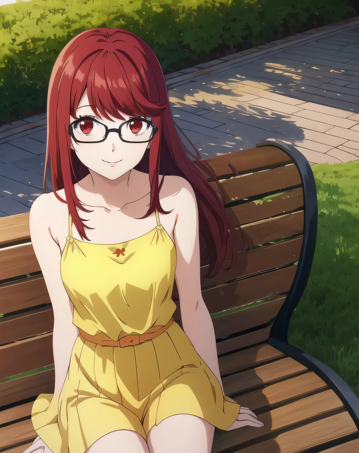 1girl, solo, upper body, facing viewer, (looking at viewer:1.5), smile, camisole, yellow camisole, park, bench, day, dssumire, red hair, long hair, straight hair, red eyes, glasses