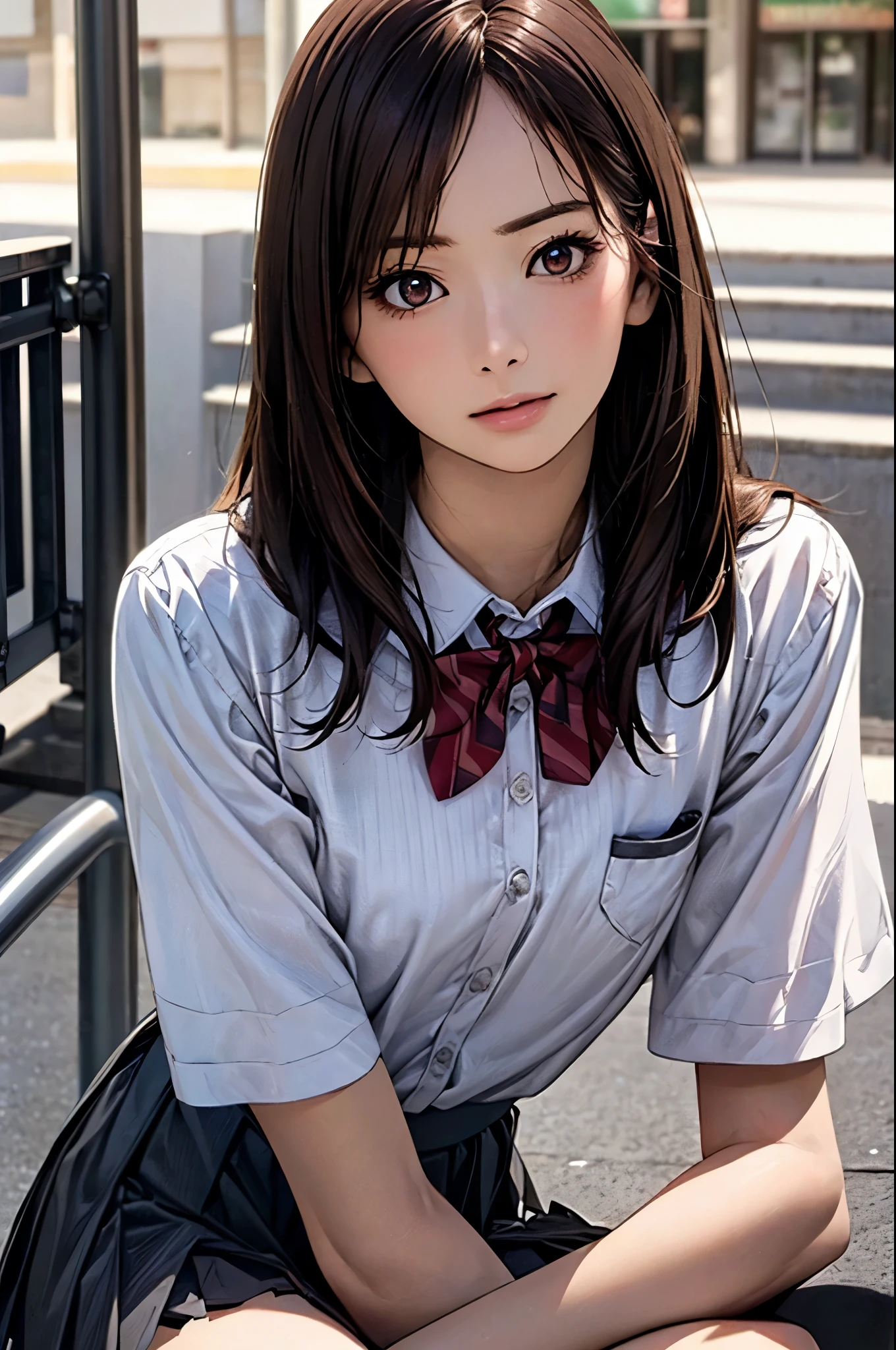 (masterpiece:1.2, top-quality), (realistic, photorealistic:1.4), beautiful illustration, (natural side lighting, movie lighting), 
looking at viewer, upper body, 1 girl, japanese, high school girl, 12 years old, perfect face, cute and symmetrical face, shiny skin, 
(long hair, straight hair, red brown hair), asymmetrical bangs, brown eyes, long eye lasher, (medium breasts), 
beautiful hair, beautiful face, beautiful detailed eyes, beautiful clavicle, beautiful body, beautiful chest, beautiful thigh, beautiful legs, beautiful fingers, 
((white collared shirts, grey box pleated mini skirt), dark red bow tie), 
(beautiful scenery), evening, (street), holding a phone, (serious),