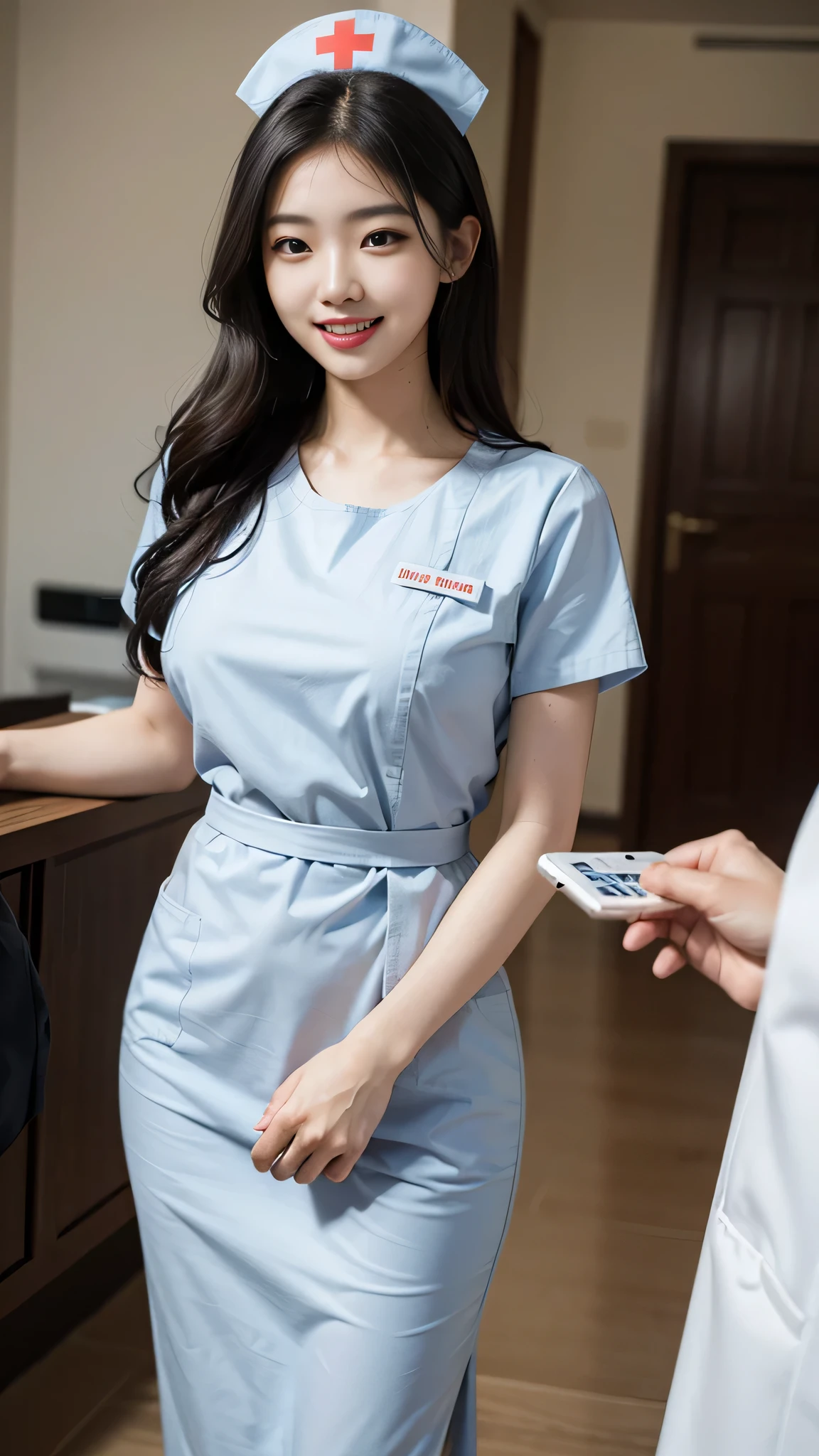 Bright smile, open mouth, loud laugh,Asian girl, kpop idol, ((nurse)), ((top quality, 8k, masterpiece: 1.3)), crisp focus: 1.2, beautiful woman with perfect figure: 1.4, highly detailed face and skin texture, detailed eyes, Look back:1.3, ((skinny)), beautiful face, symmetrical face, full-length, sexy, big breasts thin waist、big hip