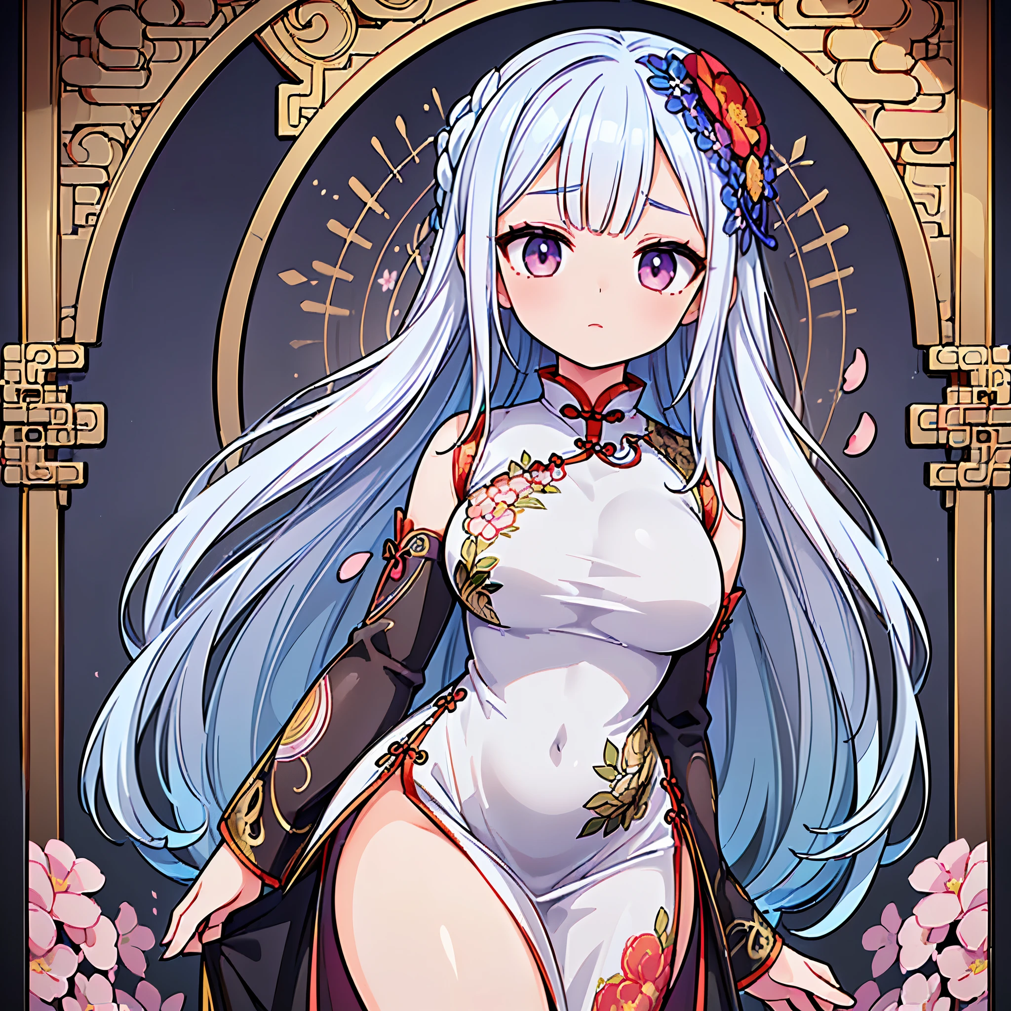 ((highest quality)),(ultra high resolution),(Super detailed),(detailed description),((best CG)),(best work of art),super precision art,great drawing art,(Art with precise details:1.5), (1 woman:1.8),(beautiful and well-shaped face:1.5),Eyes that hide sadness:1.5,light makeup:1.6,(Detailed and detailed depiction々Chinese dress embroidered with flowers:1.6,deep slit:1.5),(beautiful:1.6),(Precise and detailed hair ornaments:1.4),look up at the sky:1.5