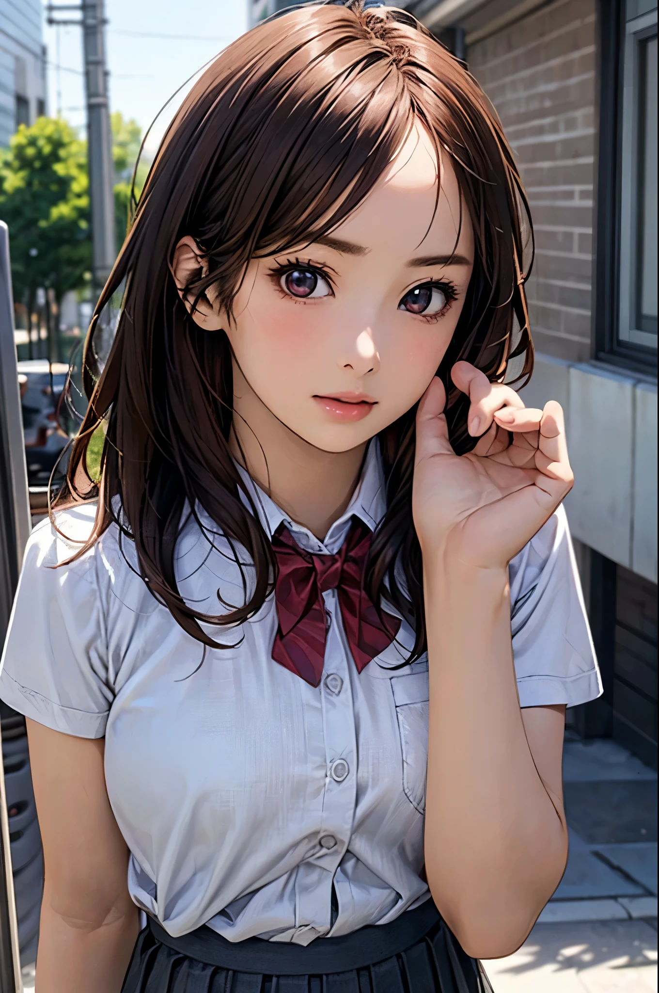 (masterpiece:1.2, top-quality), (realistic, photorealistic:1.4), beautiful illustration, (natural side lighting, movie lighting),
looking at viewer, upper body, 1 girl, japanese, high school girl, , perfect face, cute and symmetrical face, shiny skin,
(long hair, straight hair, red brown hair), asymmetrical bangs, brown eyes, long eye lasher, (medium breasts),
beautiful hair, beautiful face, beautiful detailed eyes, beautiful clavicle, beautiful body, beautiful chest, beautiful thigh, beautiful legs, beautiful fingers,
((white collared shirts, grey box pleated mini skirt), dark red bow tie),
(beautiful scenery), evening, (street), (holding a phone, serious),