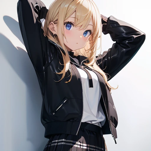 blonde　wave long　Black checked skirt　whole body　blue eyes　hooded leather jumper　white　whiteＴshirt