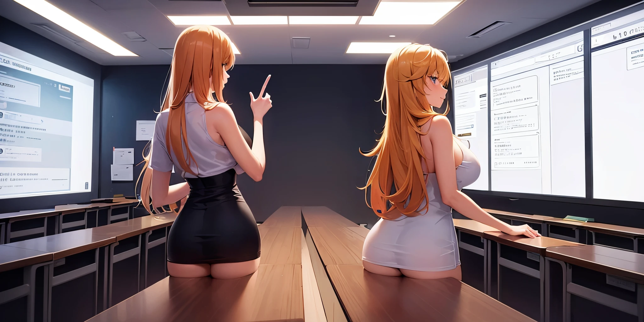 A large lecture hall. A little dimmed light. Ambient orange backlight. Two sexual blonde hair girls of model appearance in white and orange bikinis stand near a white board for markers, both looking at it, gesticulate and explain physics to students remotely, like during a pandemic. The orange Lamborghini stands on the right side of the board. Viewpoint as if from a video calling app.