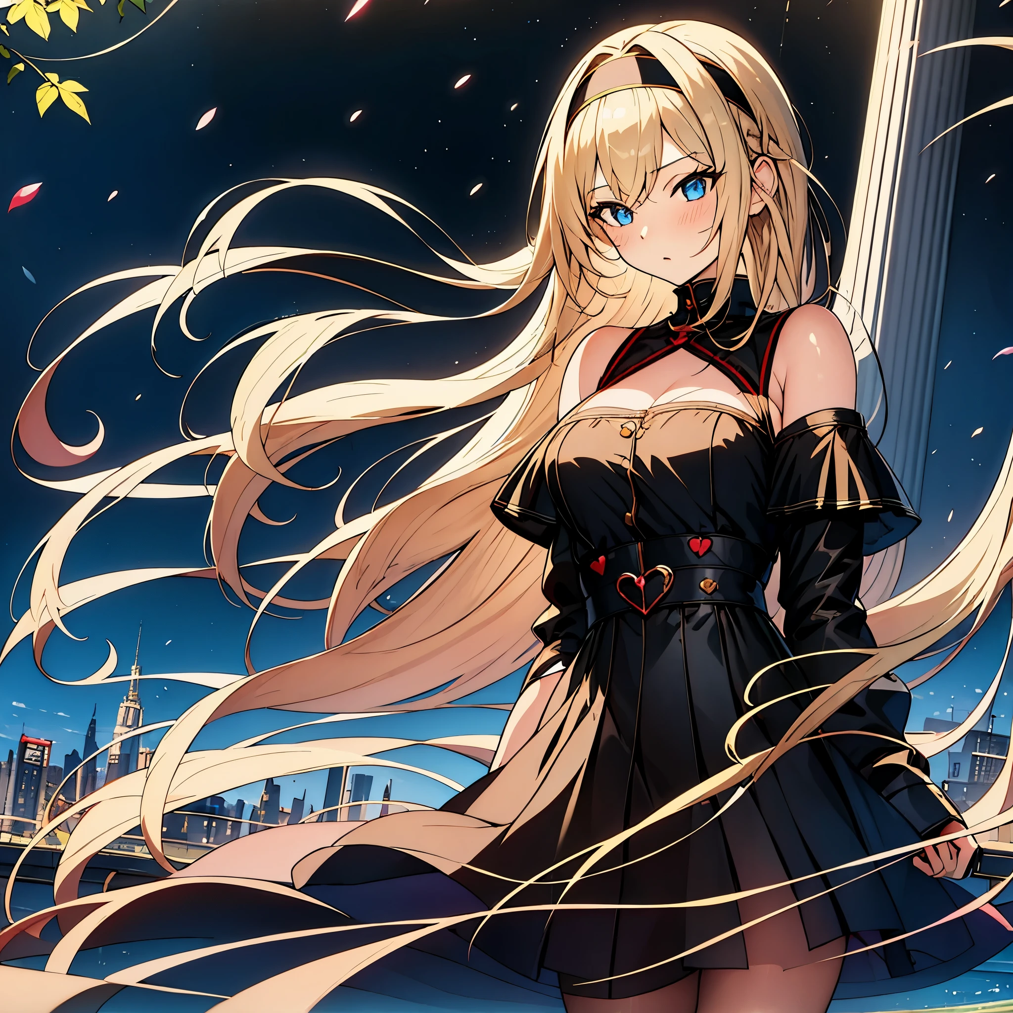 (masterpiece, best quality:1.2), 1girl, solo, blond hair, blue eyes, black and red dress, gothic, black hairband, city scape, idol, bright eyes,anime girl, an anime drawing by Puru, pixiv, realism, blonde anime girl with long hair, anime girl with long hair, asuna yuuki, (anime girl), anime girl named lucy, ilya kuvshinov with long hair, anime visual of a cute girl, female anime character, 1girl，blond hairbl，with (medium) coiled hair, (hair on shoulder), ((black) headband)， long white stockings,，Fleet style, bright eyes, ************, meium height, medium body weight, very big eyes, detailed, mature, sensitive, heart in eyes, (no long hair), light blush, no extra girls, small breasts