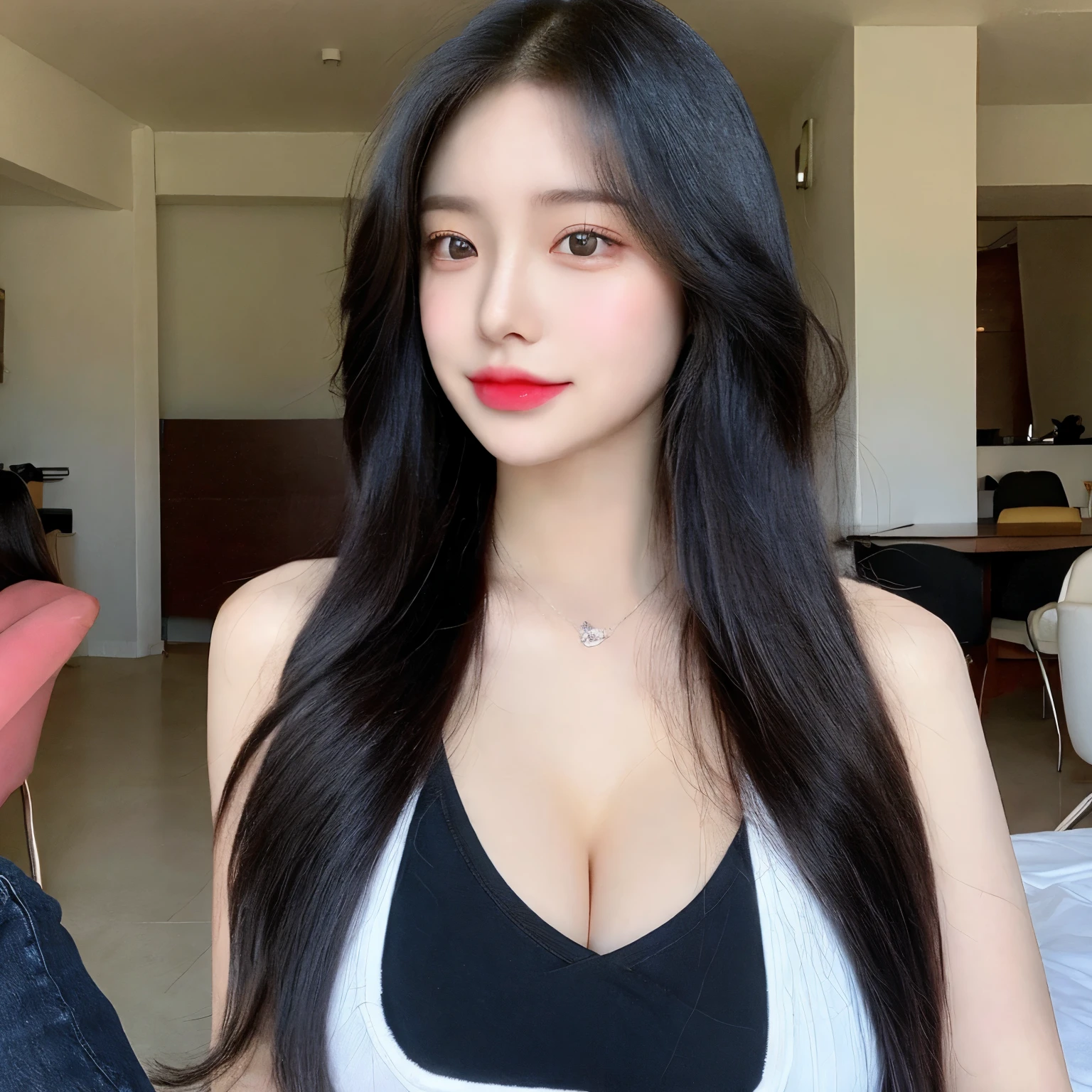 （lively、 High resolution：1.3）、1 Girl with perfect body、very detailed face and eyes、hair length、（black tank top：1.2）、jeans、（ big ：2.0）、expose cleavage、Full body Esbian、Glossy skin、cute face、young girl、Face like a Korean idol、sexual