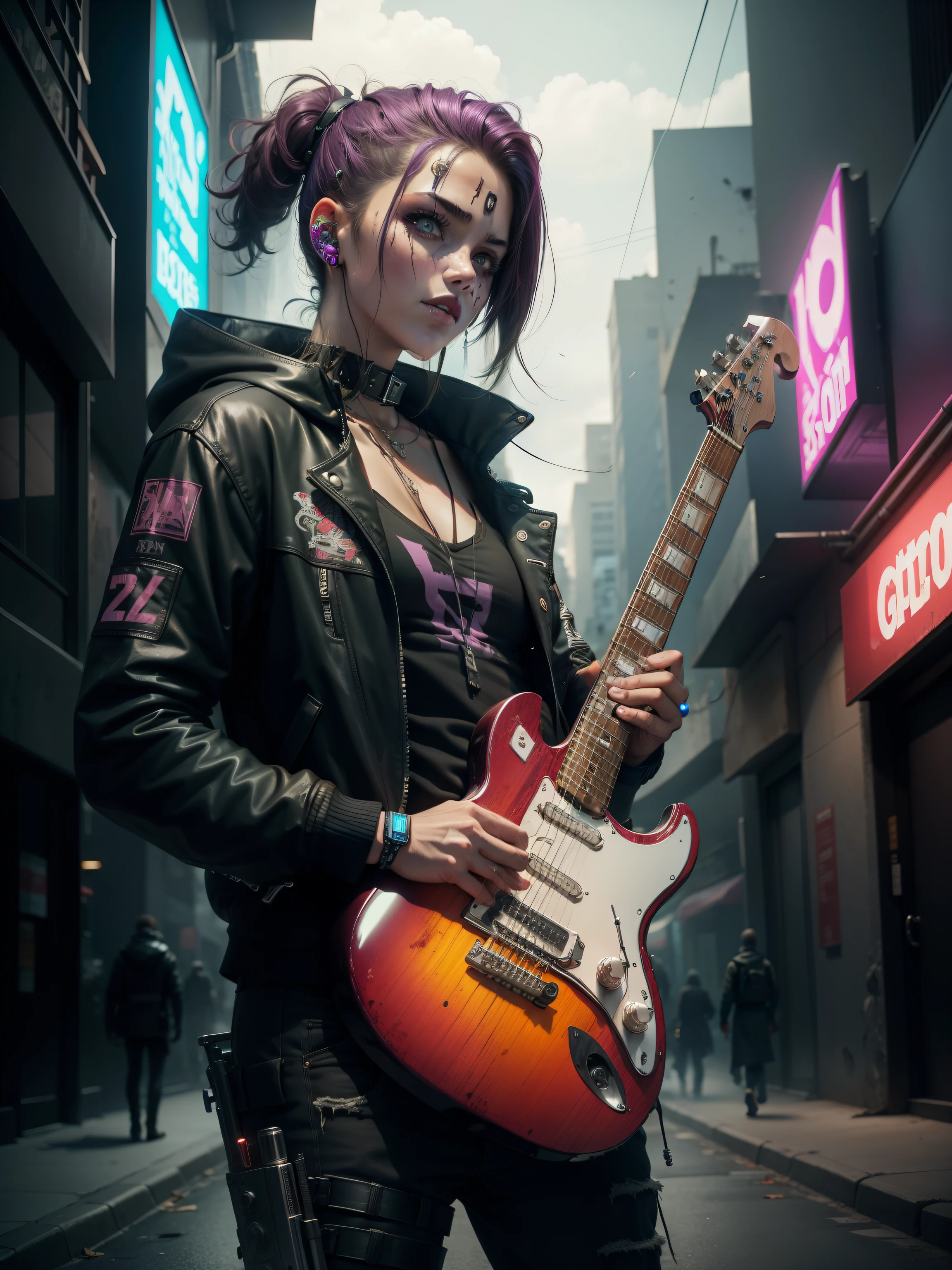 una guitarra de estilo cyberpunk tocada por un zombie en una ciudad destruida
