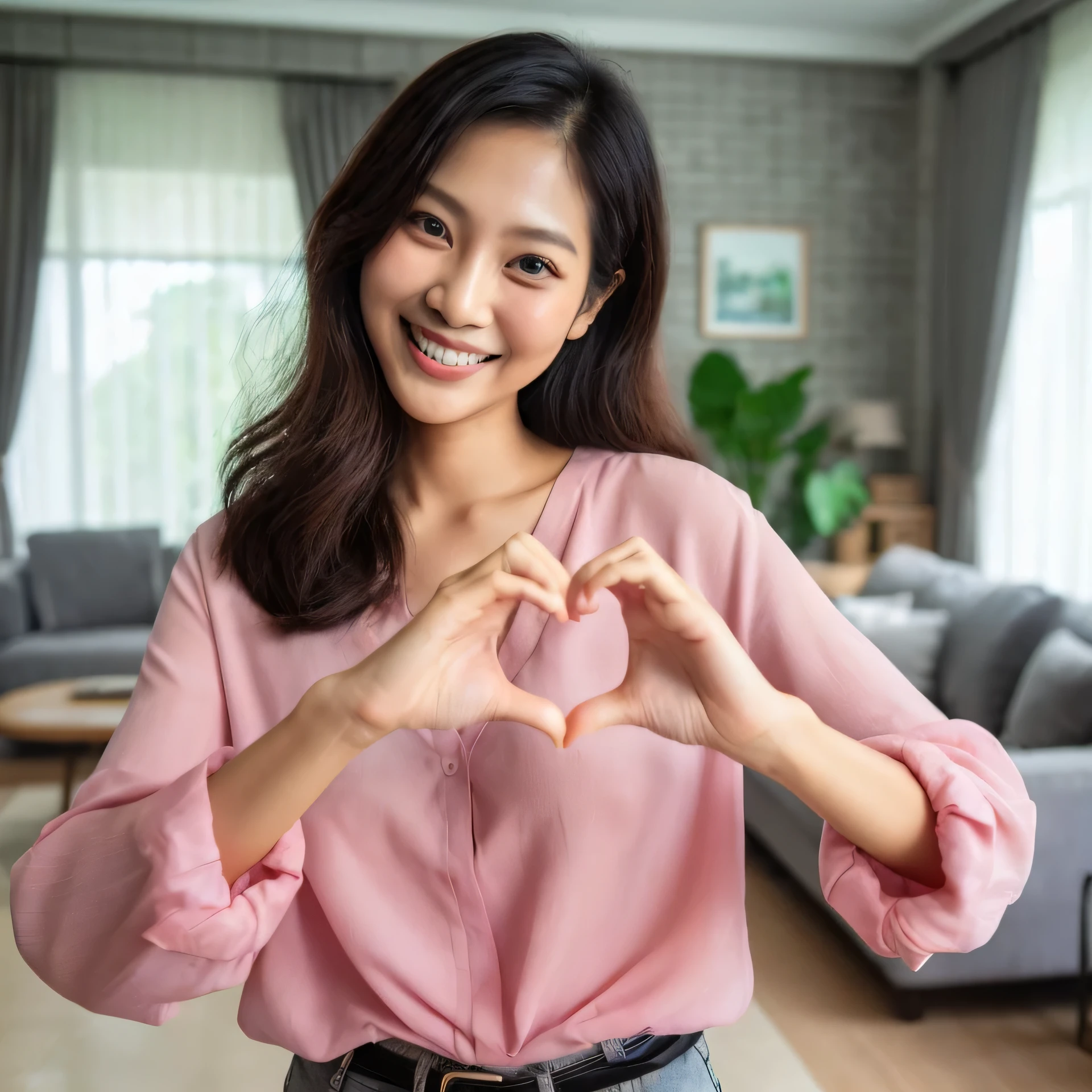standing 30 years old south east asian young mother big smile wearing pink blouse showing love sign hand gesture, full body shot, wide angle camera, realistic photography, living room background