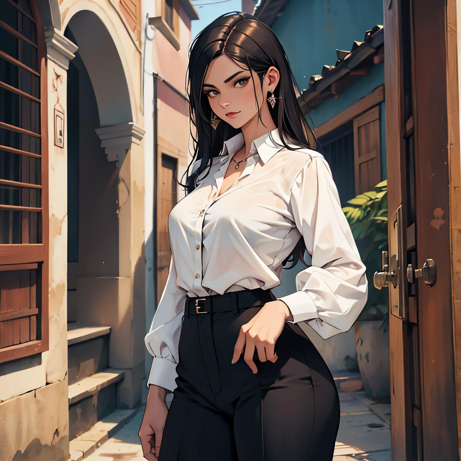 Woman standing with blouse, gravata preta, dress pants, fumando, cheia de tatuagem, em casa, alta, brava , sozinha, mafiosa roupas pretas, brava, rosto irritado, com raiva, dentro de casa