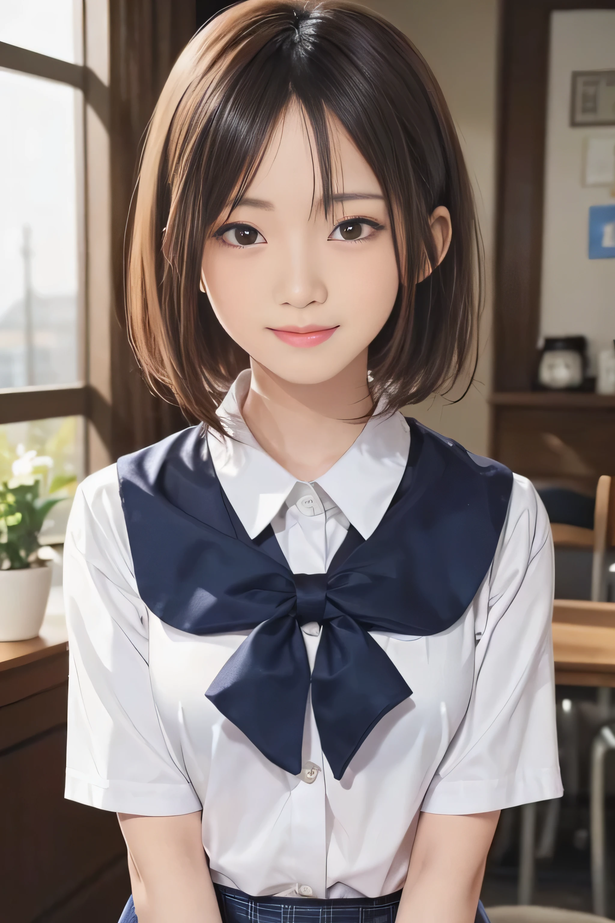 15 year old student、brown hair、Beautiful moisturized eyes、skin that looks real、high school girl、、(8K、masterpiece)、(realistic、Photoreal)、short cut hair、highest quality、very detailed、Super detailed、Beautiful woman、cute、Japanese、laughter、close-up portrait、Healthy face、school uniform、plaid skirt