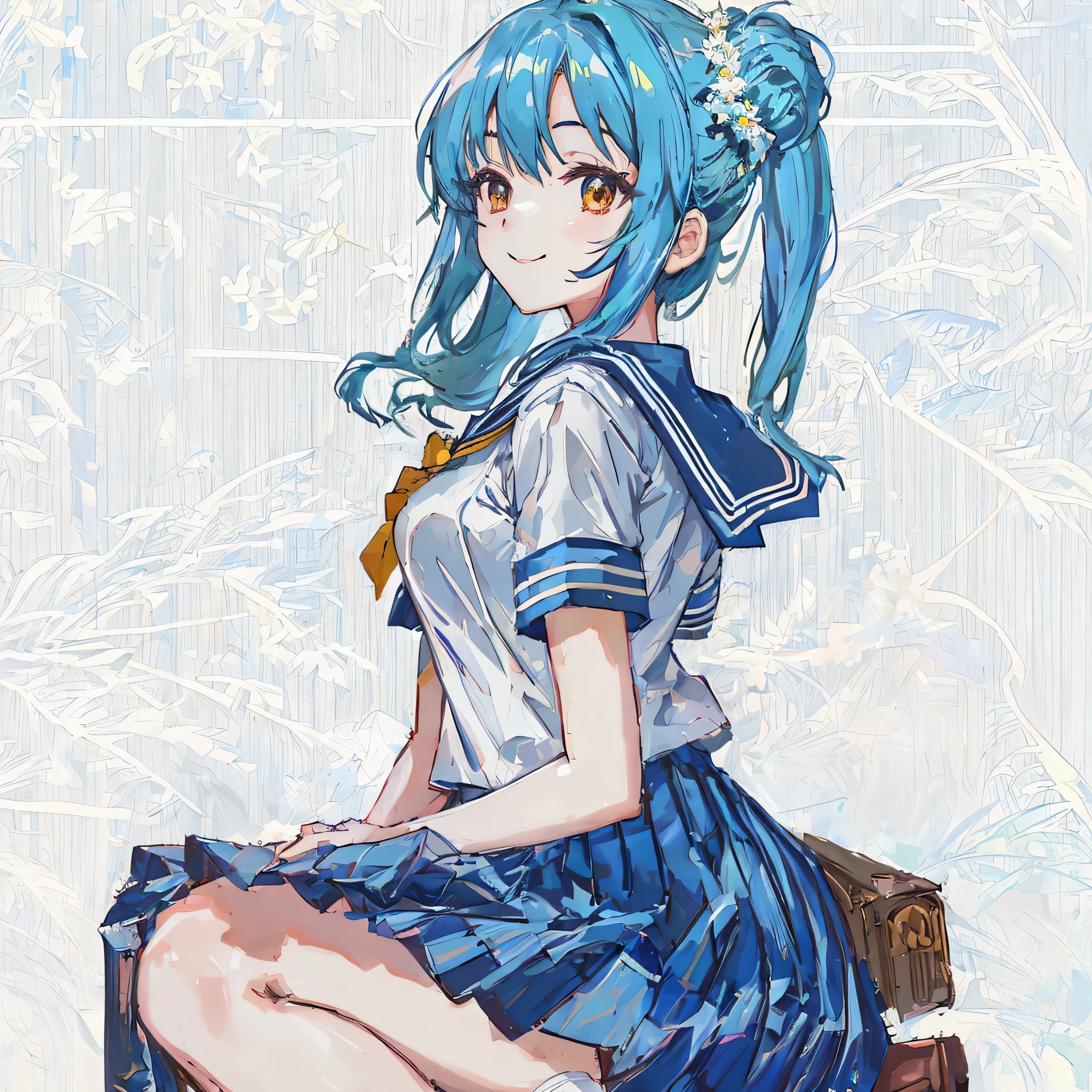 Super detailed,masterpiece, highest quality,shape,sailor suit,slanted eyes,straight hair,blue hair,side part,super dense skin,beautiful and detailed eyes,short sleeve shirt,brown eyes,(medium breasts:1.1), (A raised and well-defined bust:1.1), (lifted chest:1.2), (perky chest :1.1),high School girl,Please sit down,high socks,loafers,smile,School,BREAK catch light eyes,night forest