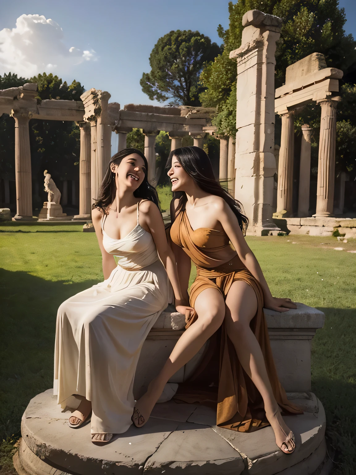 full body portrait or statue,ancient roman ruins,Poussin-style landscape,laughter,,Sweet and seductive appearance.、Caravaggio's paintings、Chiaroscuro of Caravaggio、My hair was messed up by the wind,Two women frolicking,cute smile, expression of ecstasy,sexy,erotic