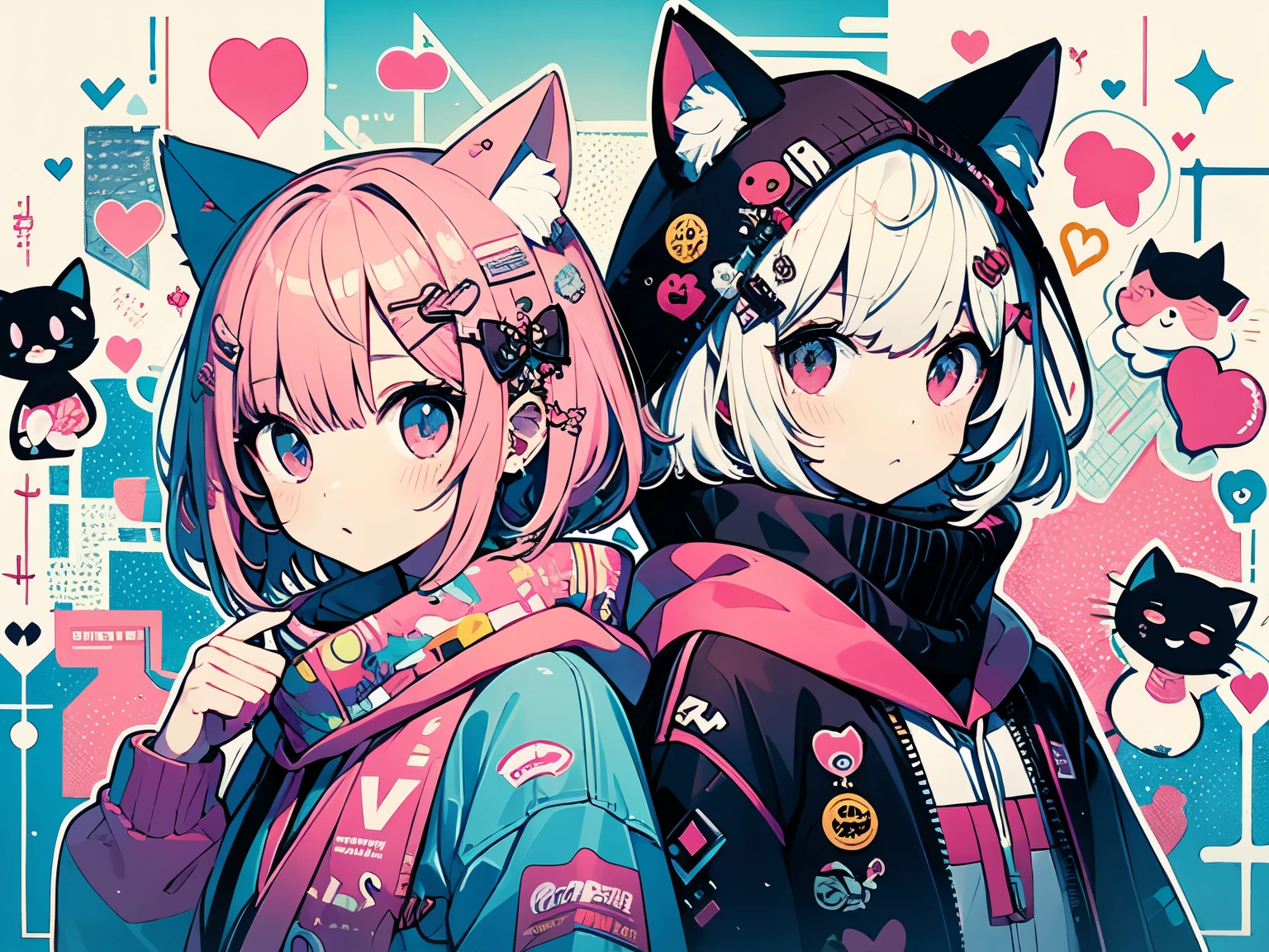 Very beautiful and shining eyes、shining eyes、1 girl、small breasts、big mouth、high school girl、small breasts、Cat ear、pink short hair、scarf、oversize jacket、