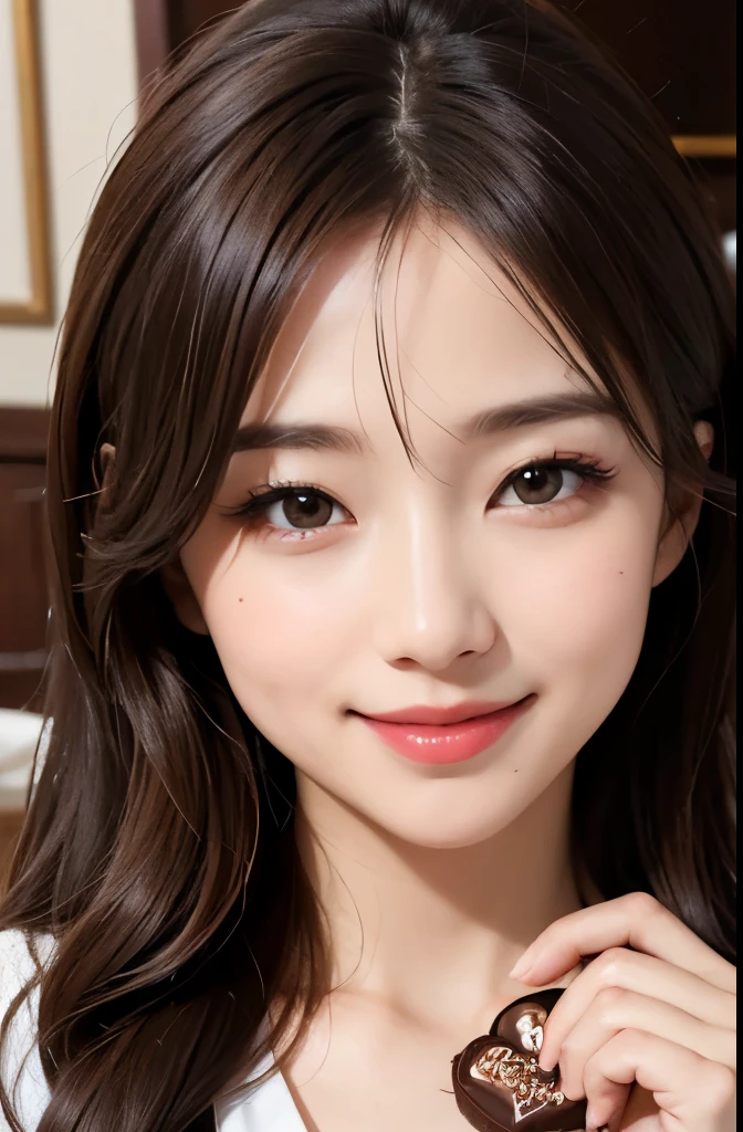 I brought chocolate for Valentine's Day、((muste piece)), ((highest quality)), (Super detailed), model-like face、Beautiful woman、adult、Couture、hostess、smile