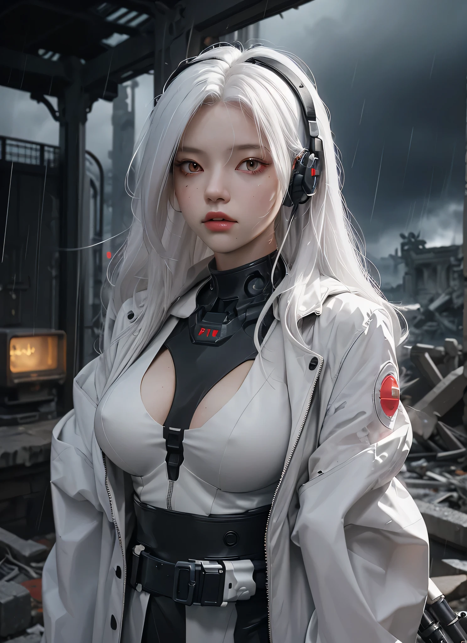 masterpiece, best quality, 1girl, red eyes, white hair, mechanical legs, raincoat, black gloves, black coat, raining, sky, ruins, rifle, headset, rubble, android, long hair, halo, ( upper body:1.3 ), ( big tits )