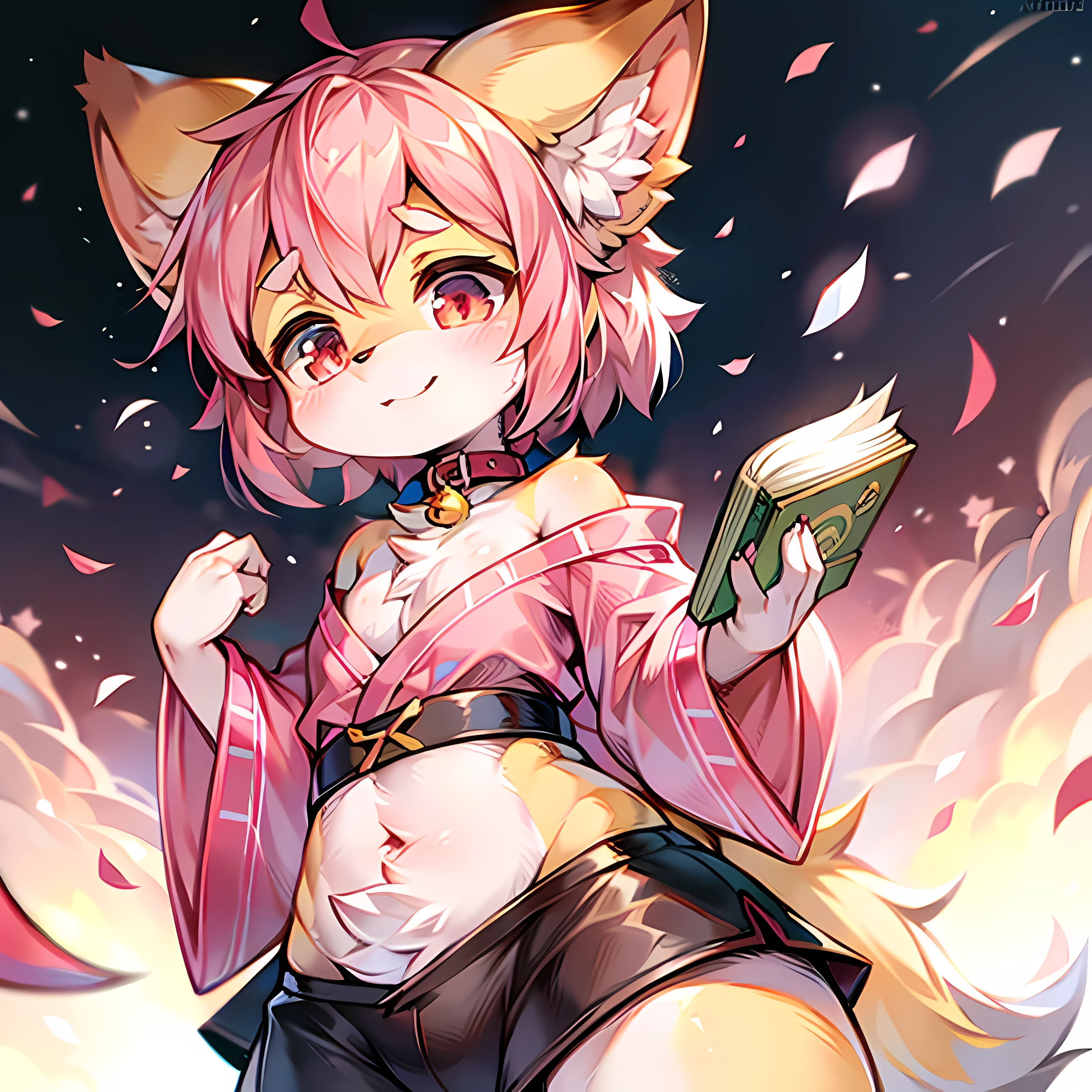 little dog girl　wearing a pink kimono　Dog collar　furry cute top quality　Happy time　 best image quality, ultra high resolution, nice,　　fancy　dream-like　fluffy　Because the arms２Book　pink petals dance　night　moon