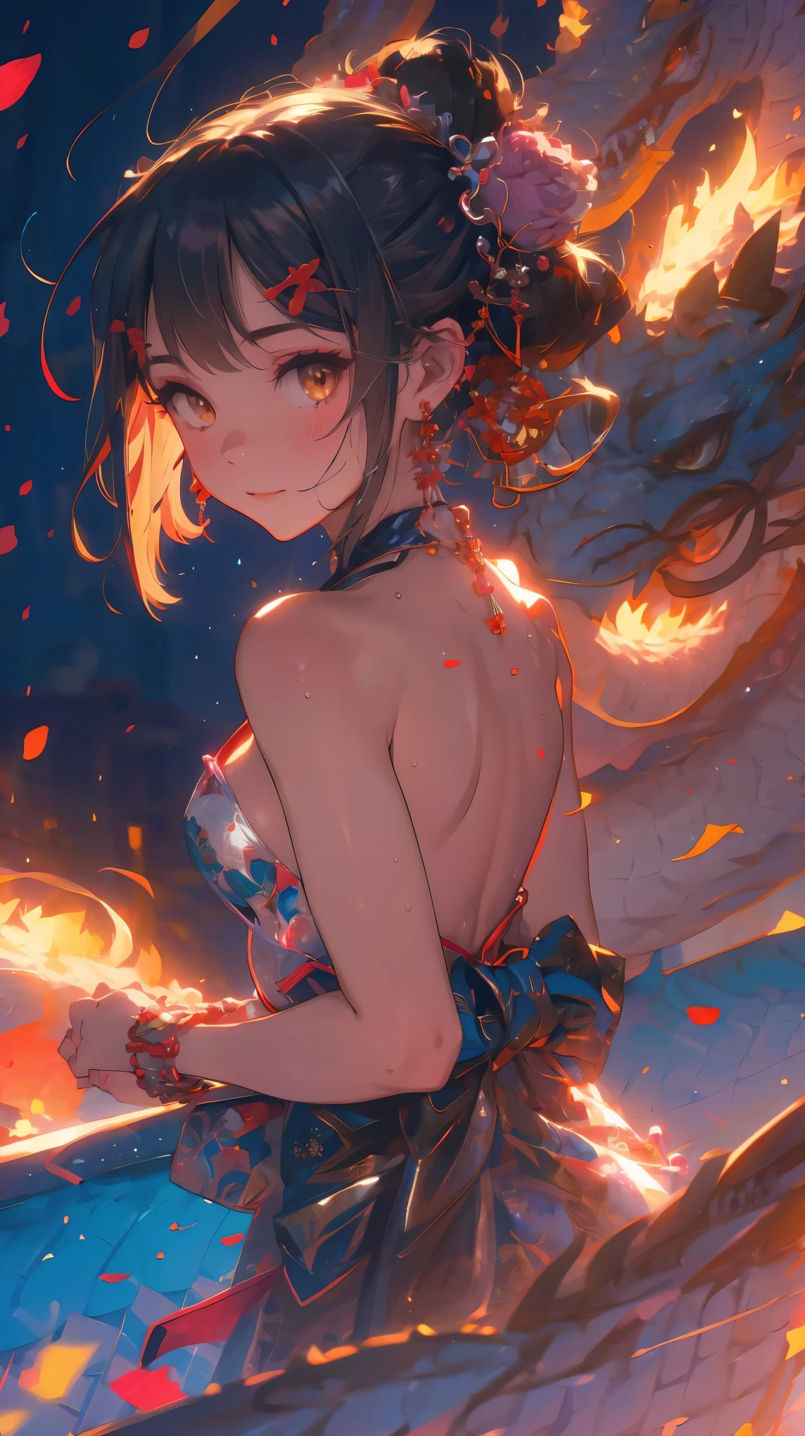 from behind,Dragon and girl,1girl,(Miyu Edelfelt),loli,cameltoe,black hair,brown eyes,seductive smile,solo,nsfw,tail,colored skin,breasts, jewelry, dress, cleavage, necklace, bangs, hair ornament, bare shoulders, side ponytail, halterneck, plunging neckline, sidelocks, halter dress, backless outfit, silver dress, nail polish, backless dress, solo, closed mouth, blush, bag, revealing clothes, earrings, hairclip, handbag, sweat, looking at viewer, evening gown, leaning forward, thighs, blue nails, flat_chest, official alternate costume, covered nipples, hair between eyes,, best quality, amazing quality, very aesthetic, absurdres, Dragon and girl, breasts,