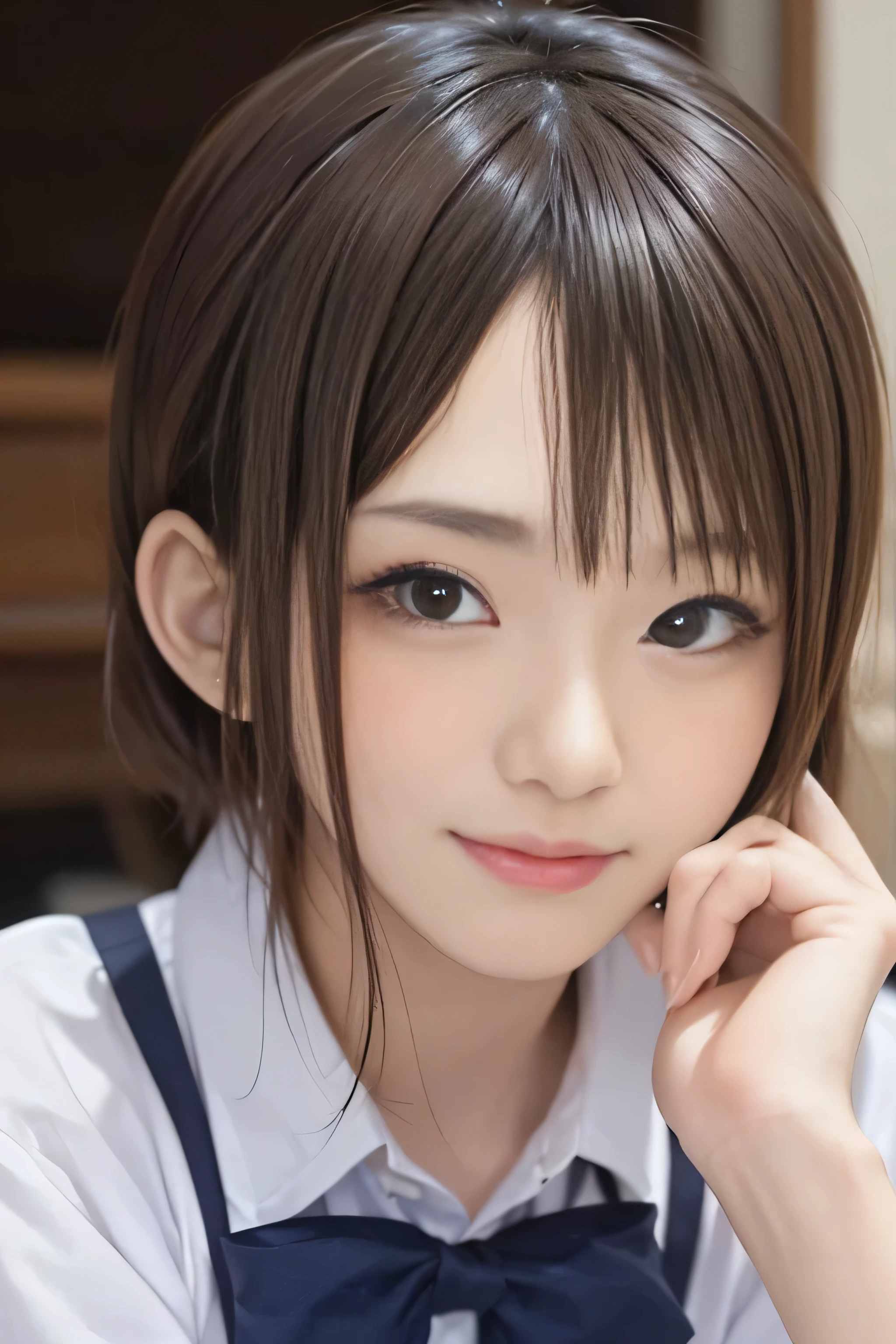 15 year old student、brown hair、(Realistic and beautiful moist eyes:1.4)、skin that looks real、high school girl、、(8K、masterpiece)、(realistic、Photoreal)、short cut hair、highest quality、very detailed、Super detailed、Beautiful woman、cute、Japanese、laughter、close-up portrait、Healthy face、school uniform、plaid skirt