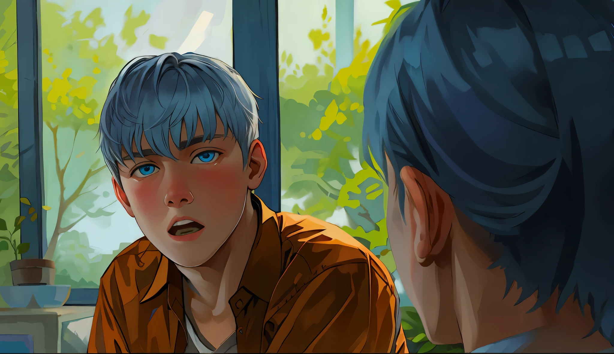 There is a -yeld masilver hair, blue eyes, he is asking something, he is a little surprised.