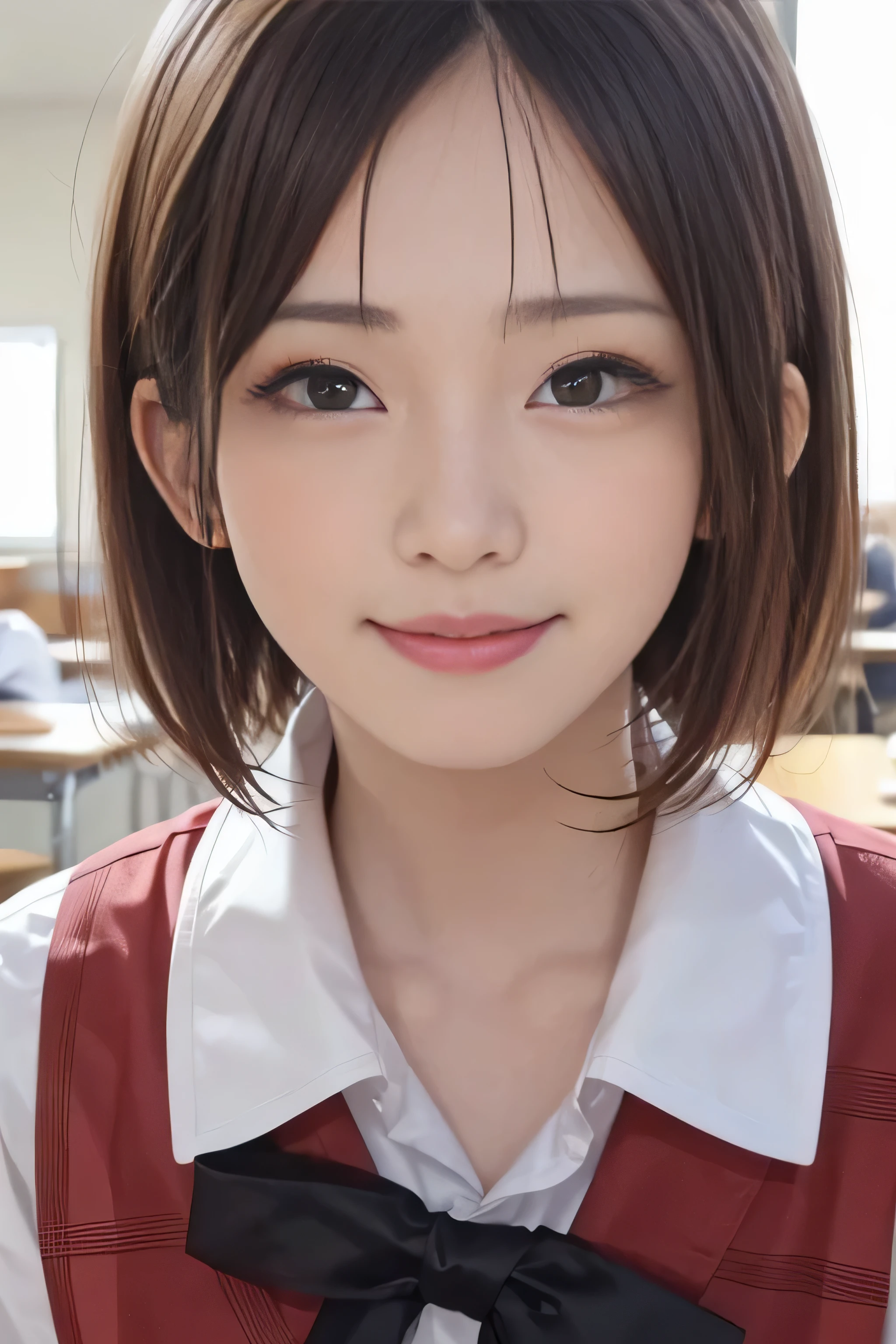 15 year old student、brown hair、(Realistic and beautiful moist eyes:1.4)、skin that looks real、high school girl、、(8K、masterpiece)、(realistic、Photoreal)、short cut hair、highest quality、very detailed、Super detailed、Beautiful woman、cute、Japanese、laughter、close-up portrait、Healthy face、school uniform、plaid skirt
