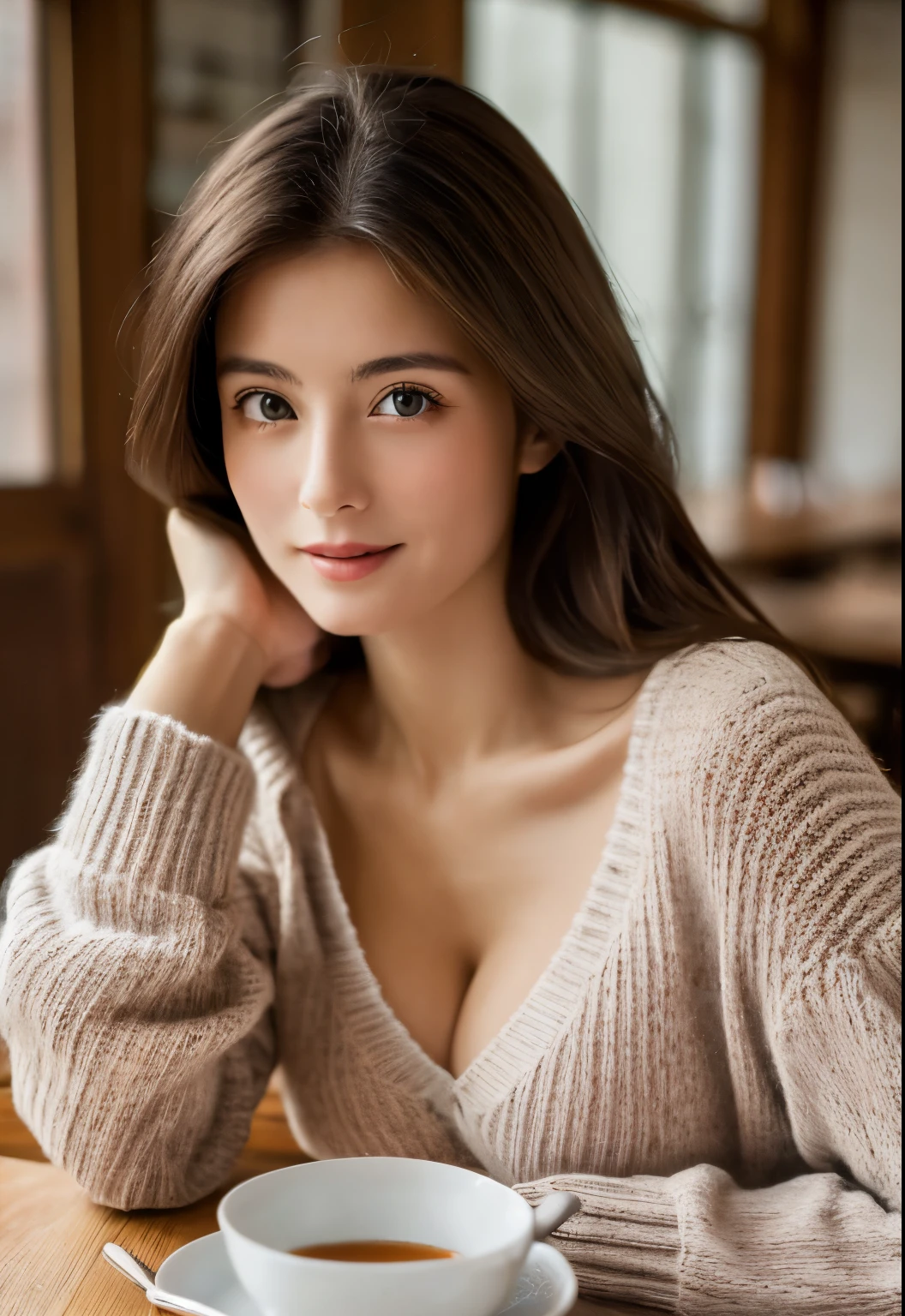 8K, top quality, table top:1.2), (realistic, Photoreal:1.37), top quality, table top, beautiful young woman,、attractive、and an inviting look, Oversized knitwear、cleavage, tie hair back,  pale skin,Japanese