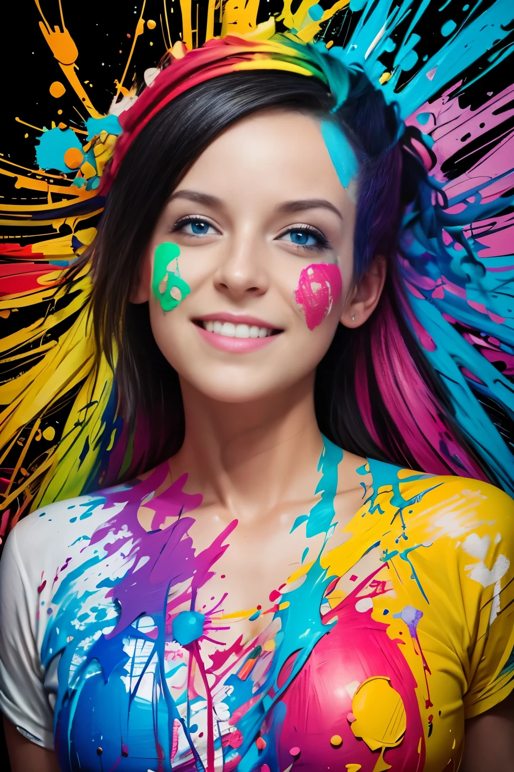 (Best Quality,Ultra-detailed),(Realistic:1.37)Girl draws a picture,Smiling,Covered with paint,An impatient expression on his face,Artistic creativity,Joyful,Playful,Happy,expressive,Beautiful bright colors,imagination,Artistic talent,Passion for art,Colorful clutter,paint splatter,paint strokes,The Artist's Move,The Creative Process,Presentation of the final result,inspiration,Artistic creativity,Vivid imagination,Drawing tools,Artist's palette,canvas,Artistic expression,brush strokes,A creative journey,Artistic endeavors,Artistic performance,Creative energy,artistic atmosphere,Artistic creativity,Expressive features,Playful atmosphere,Artistic playfulness,Live Art Scene,Artistic triumph,Dynamic composition,Living works of art,Colorful & Vibrants,The result of artistic expression,Energetic manner of writing,A colorful masterpiece.