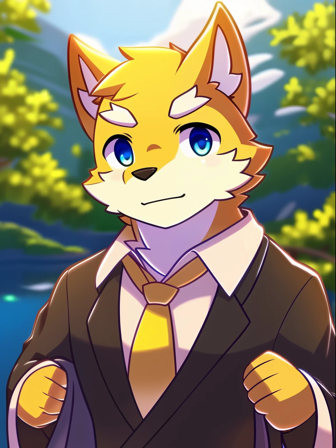 male anthropology, Kimono,chibi, (yellow wolf), (white torso), handsome man, (blue eyes details), White eyebrows, (Black suit, yellow tie); (Masterpiece, high resolution, best quality), 4K, soft skin, warm weather